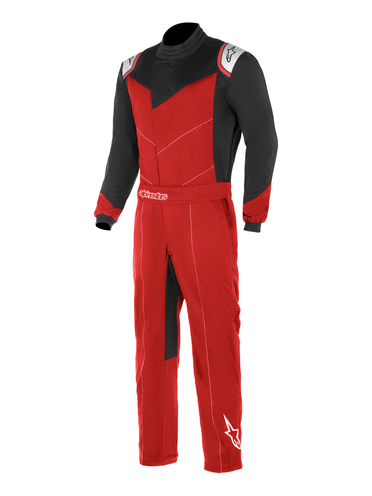 Alpinestars Kart Indoor Suit, fato de karting, vermelho e preto com detalhes brancos, mangas e painéis superiores do peito pretos, tronco e pernas vermelhos, abertura frontal assimétrica e cinto ajustável na cintura