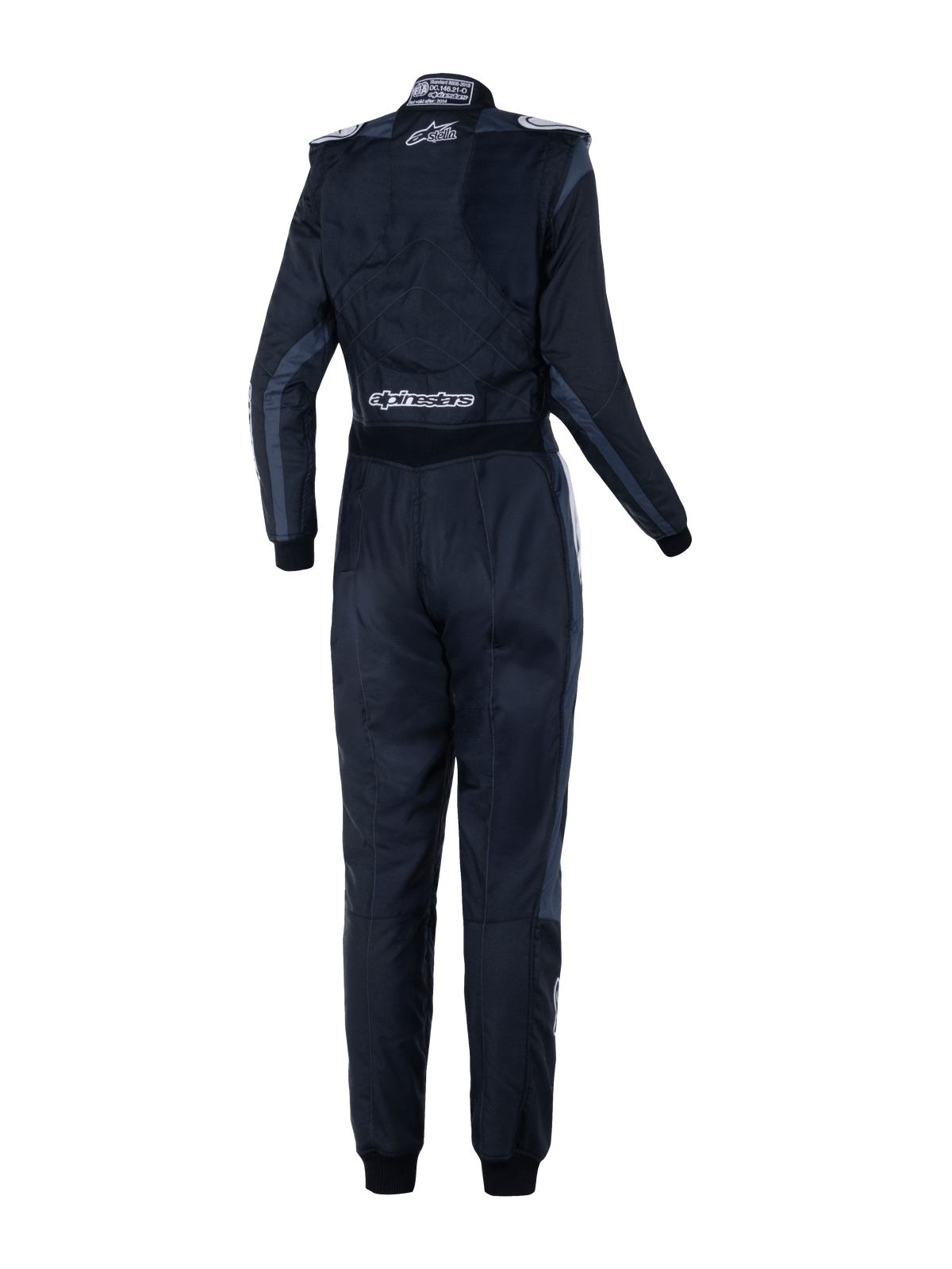 Alpinestars Stella GP Pro Comp V2 Suit - FIA para Mulher, vista traseira, em preto asfalto e branco, com logótipos Stella e Alpinestars brancos, fato de automobilismo profissional com dragonas nos ombros e painéis anatómicos femininos.