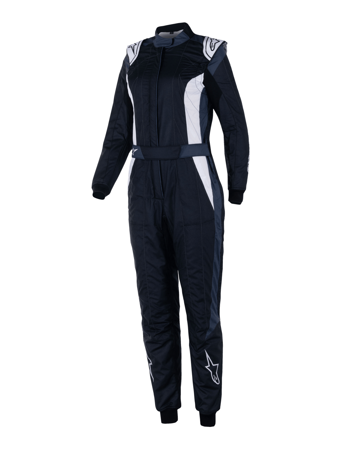Fato Alpinestars Stella GP Pro Comp V2, fato de corrida para mulher homologado pela FIA, preto asphalt e branco, mangas compridas com gola alta, logótipos brancos nos ombros e canelas, cinto ajustável na cintura, punhos elásticos, design aerodinâmico para competição de automobilismo profissional