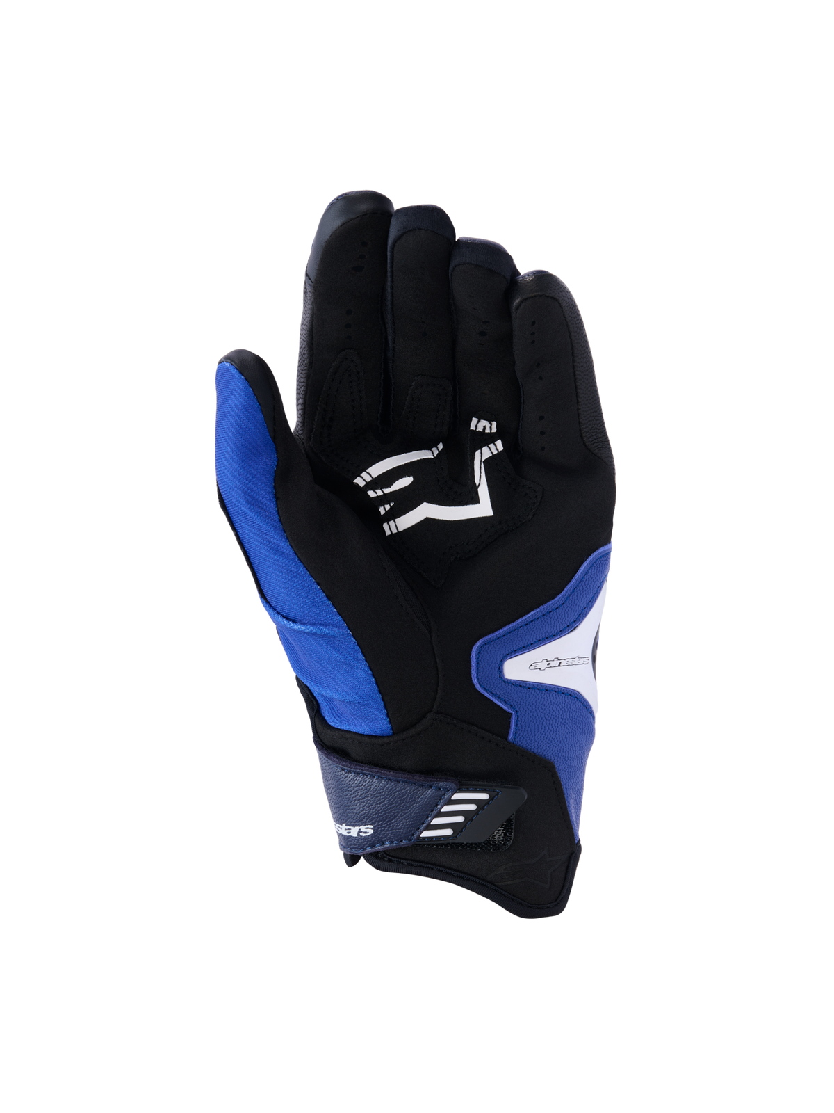 Luvas Alpinestars SP-R Pro, vista da palma, Azul Brilhante, Azul Marinho e Branco, com palma em pele sintética preta e logótipo Alpinestars branco, design de punho curto com fecho de velcro e zonas de aderência reforçadas.