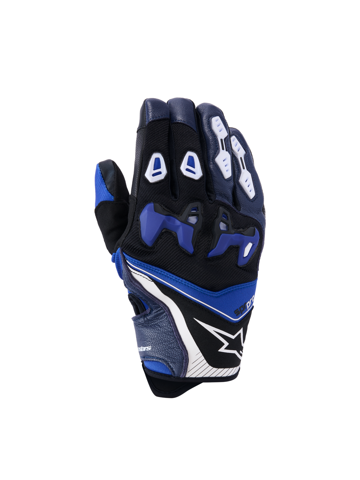Luvas Alpinestars SP-R Pro, luvas de motociclismo de corrida, azul brilhante, azul-marinho e branco, vista das costas da mão com protetor de articulação em TPU dividido azul, proteções de dedos brancas, logótipo de estrela da Alpinestars e design de punho curto