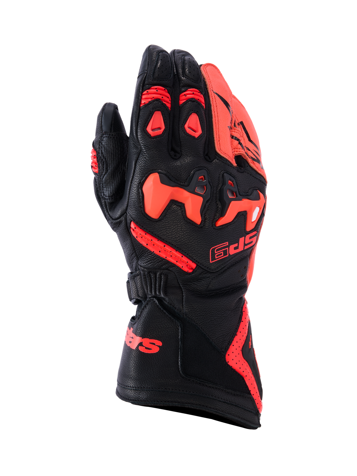 Luvas Alpinestars SP-9, luvas de motociclismo de corrida e desportivas, pretas e vermelho fluo, construção em pele de cabra de flor integral com proteção de nós dos dedos em TPU dividido SP-R, dorso perfurado para fluxo de ar, punho longo com marca vermelha em destaque, equipamento de proteção de alto desempenho para condução desportiva