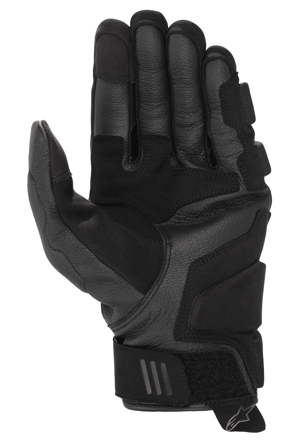 Luvas de Couro Phenom Alpinestars, luvas de motociclismo, pretas, vista da palma com construção reforçada em couro de cabra, zonas de aterragem acolchoadas e design de punho curto com tira de ajuste no pulso e aba de puxar com logótipo Alpinestars