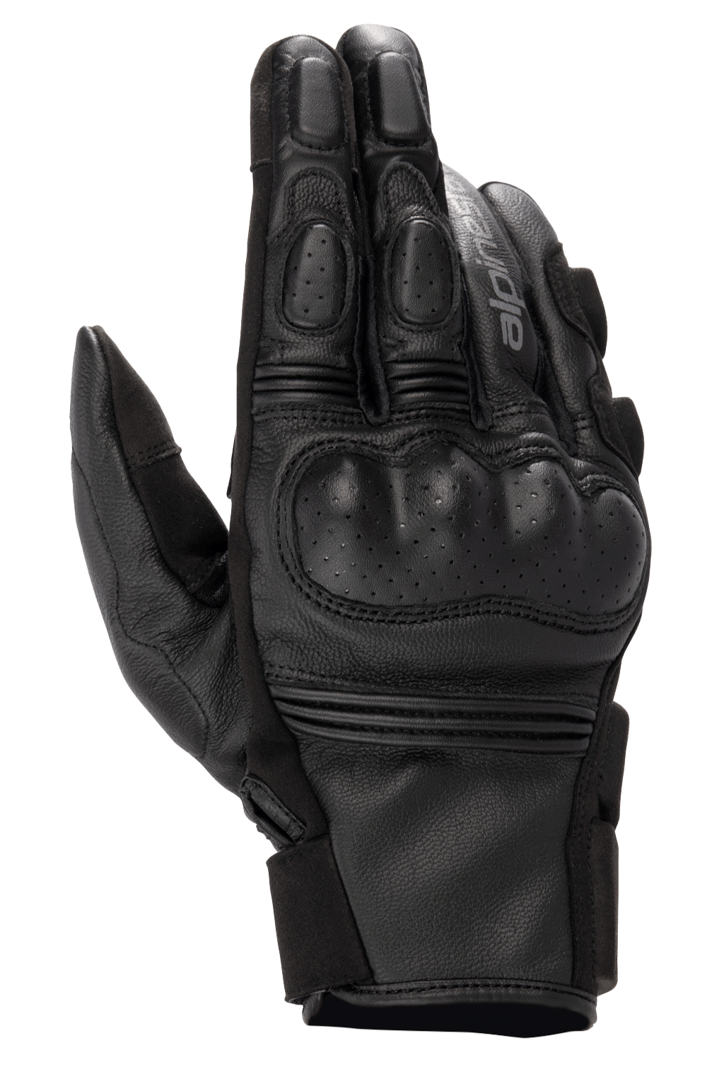 Luvas de Couro Alpinestars Phenom, luvas de motociclismo, pretas, vista superior mostrando proteção rígida perfurada nos nós dos dedos, dedos reforçados, inserções elásticas em acordeão e construção em couro de cabra premium.