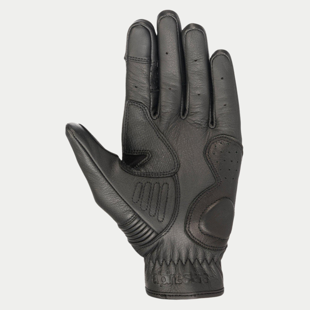 Luvas Alpinestars Crazy Eight, luvas de motociclismo, pretas, vista da palma com construção em couro reforçado, painéis de aderência texturizados na palma e no polegar, e marca em relevo no punho