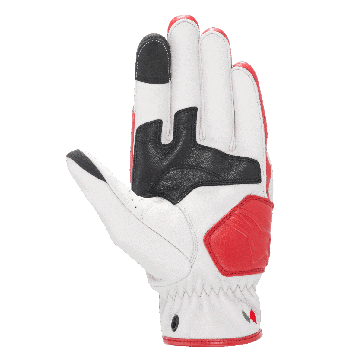Luvas de Couro Alpinestars Dyno, luvas de motociclismo em couro, Ecru e vermelho rubi, vista da palma com reforços em couro preto, zona de aterragem acolchoada a vermelho, pontas dos dedos indicador e polegar compatíveis com ecrã tátil, construção durável em couro de cabra para condução urbana.