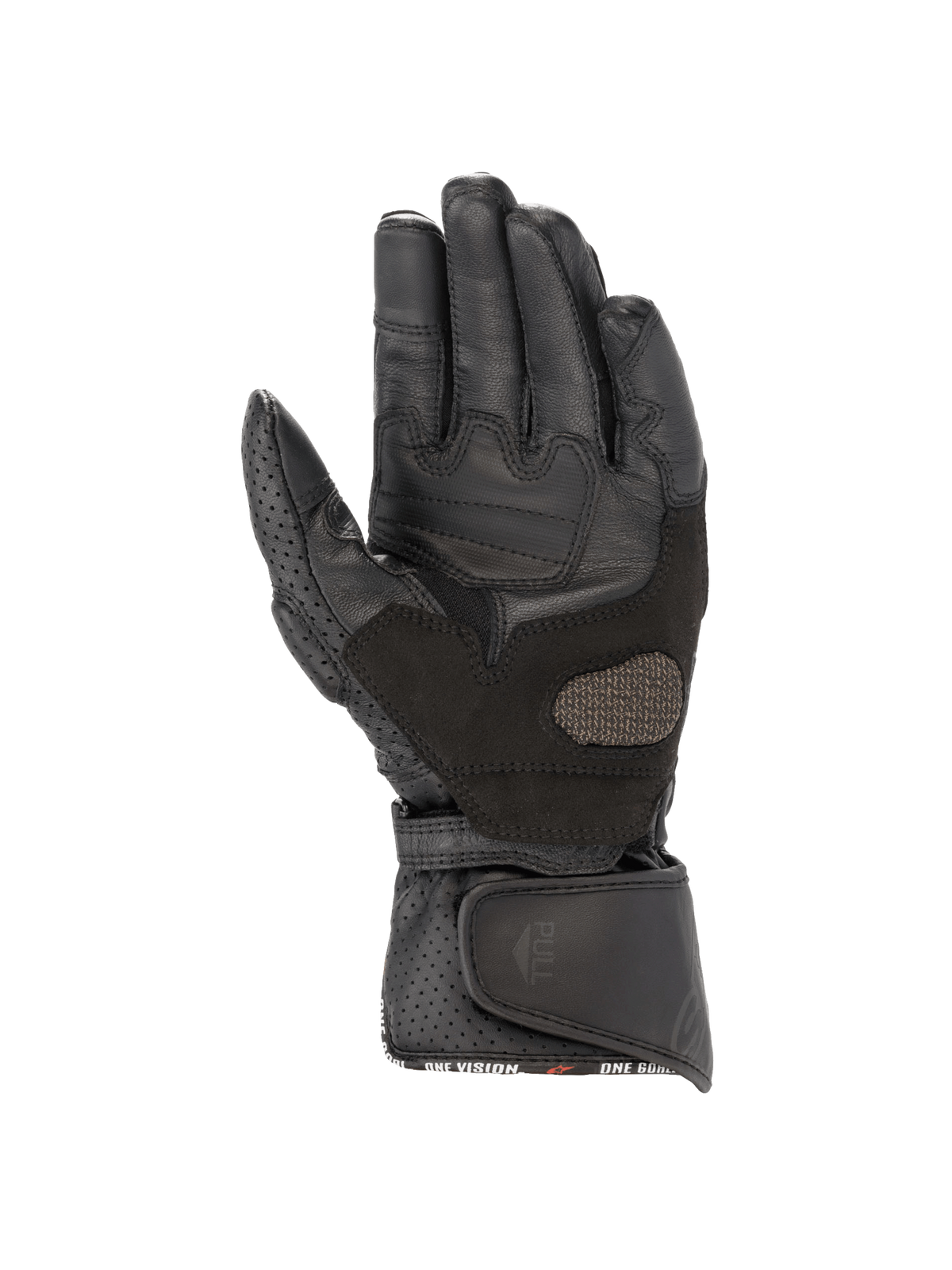 Alpinestars Stella SP-8 V3, luvas de moto para mulher, pretas, vista da palma em couro com reforço de aderência, punho perfurado e fecho de velcro, certificadas CE.