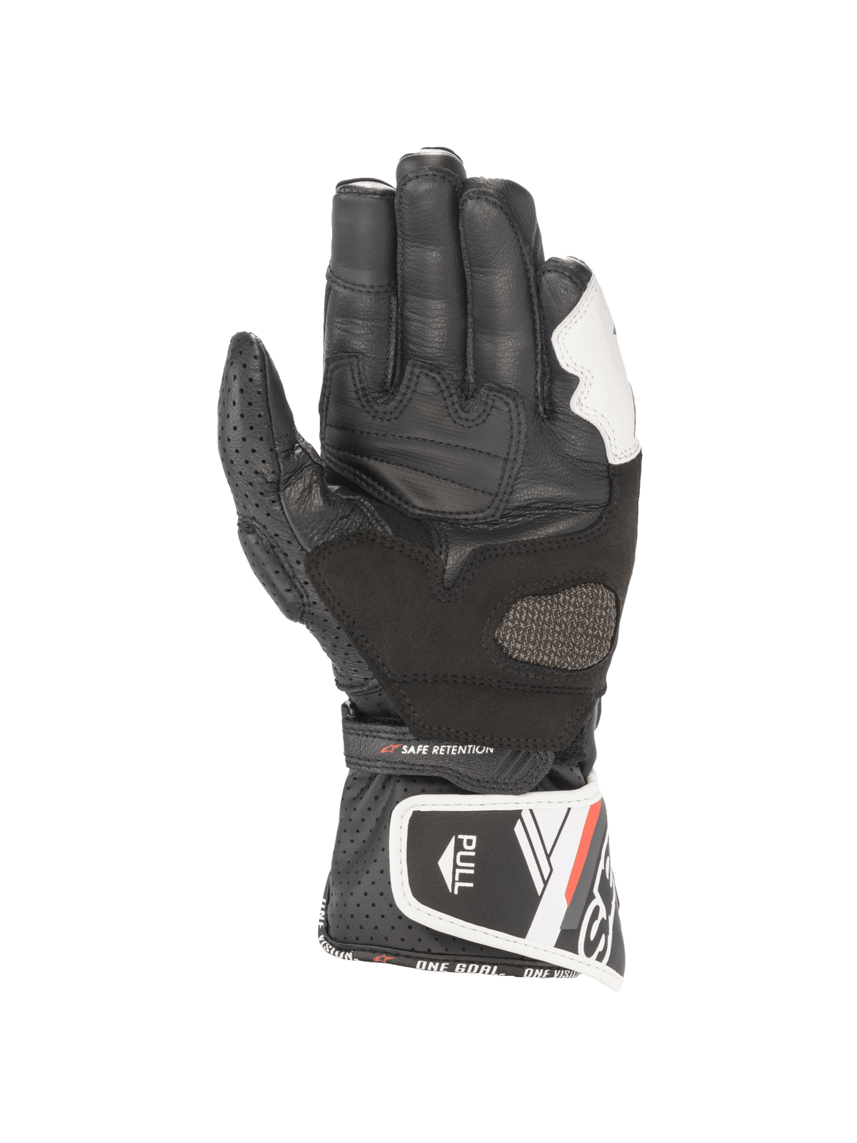 Alpinestars Stella SP-8 V3 Women's Leather Motorcycle Gloves in Black and White, featuring a reinforced palm grip.