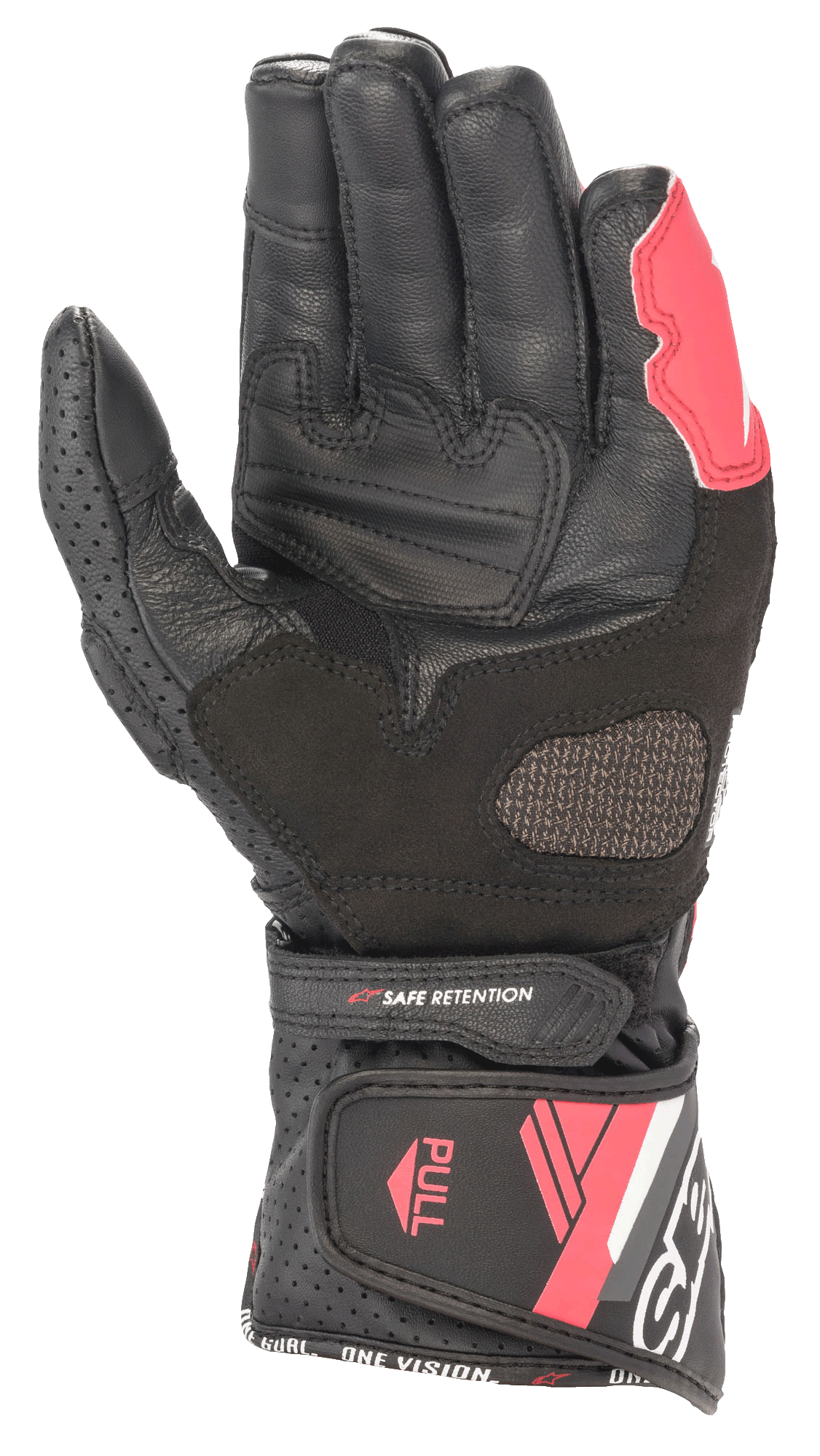 Alpinestars Women Stella SP-8 V3 Leather Gloves, Black White Diva Pink, palm view showing leather construction, reinforced grip areas, perforated panels, and adjustable cuff closure.