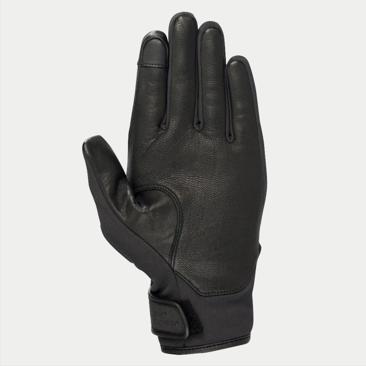 Luvas Alpinestars Stella C1 Windstopper V2 para Mulher, pretas, vista da palma com reforços em pele de flor integral e ponta do dedo indicador compatível com ecrã tátil, fecho do punho com gancho e laço, design urbano elegante