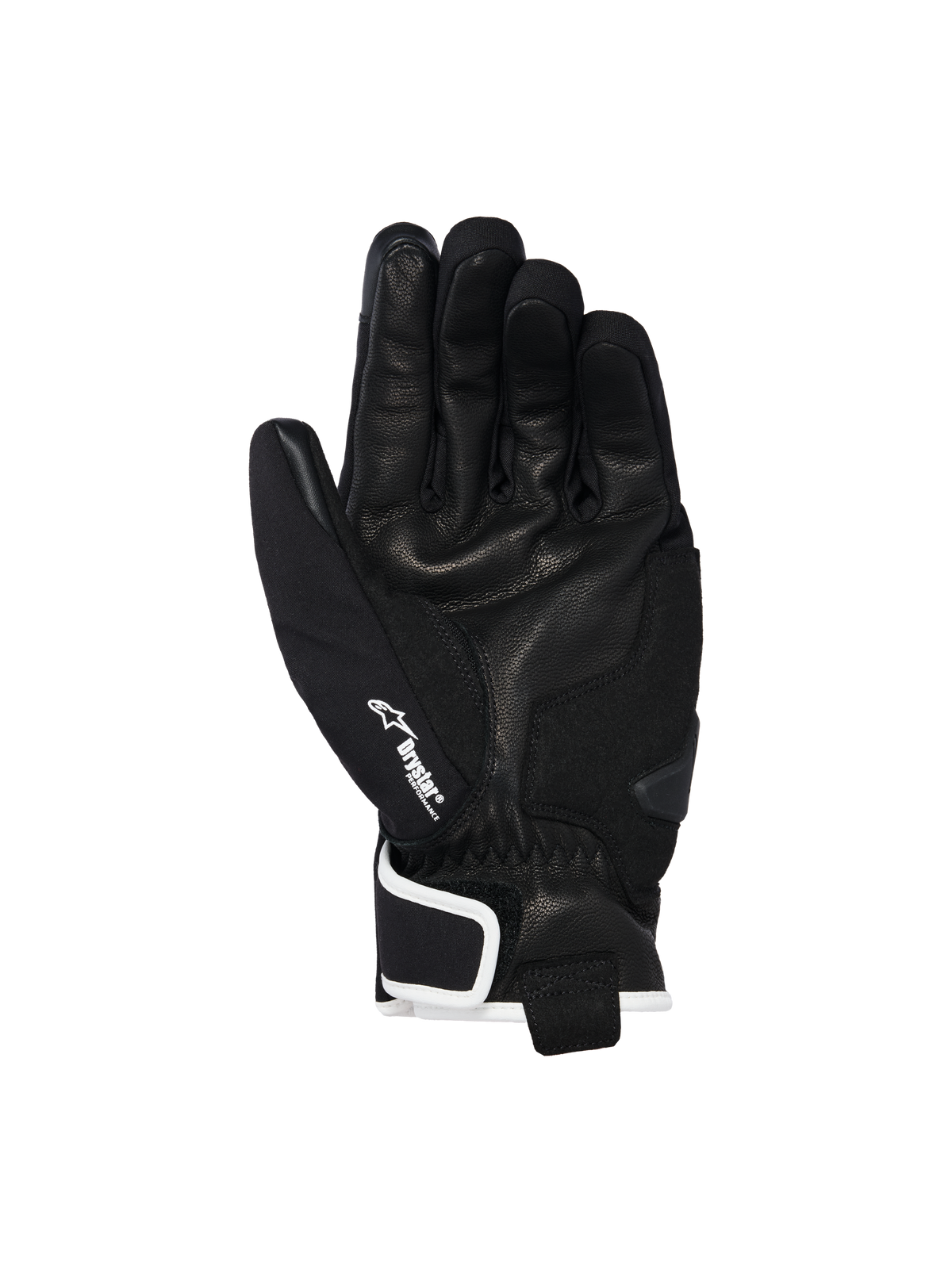 Luvas Alpinestars Moblast Waterproof, pretas com detalhes em branco sujo, vista da palma mostrando a construção em pele de cabra, logótipo Drystar branco no polegar, reforço do deslizador da palma, equipamento de motociclismo urbano de punho curto