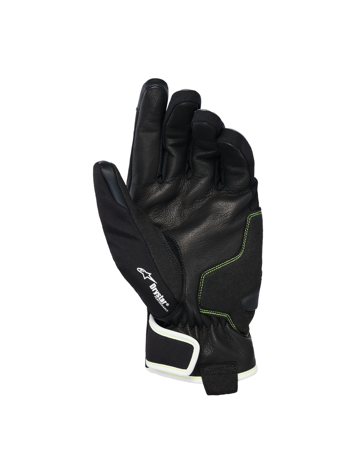 Luvas Alpinestars Moblast Waterproof, vista da palma em pele de cabra preta com costuras Amarelo Sulphur, detalhe do logótipo Drystar®, luvas de motociclismo de punho curto concebidas para deslocações urbanas em todas as condições climatéricas