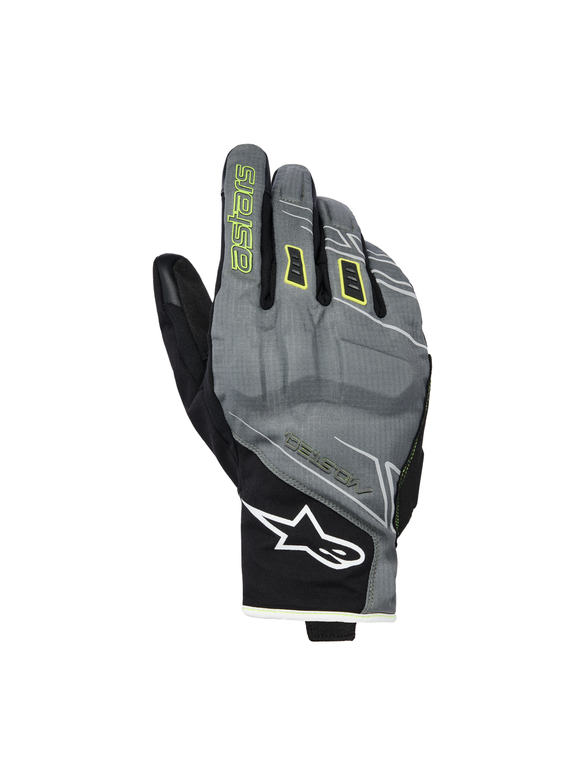 Luvas Alpinestars Moblast Waterproof, luvas de motociclismo, cinzentas e pretas com pormenores em amarelo Sulphur, design urbano de punho curto, logótipo Astar branco no pulso, marca amarela néon no dedo indicador, desempenho Drystar impermeável para deslocações de meia estação