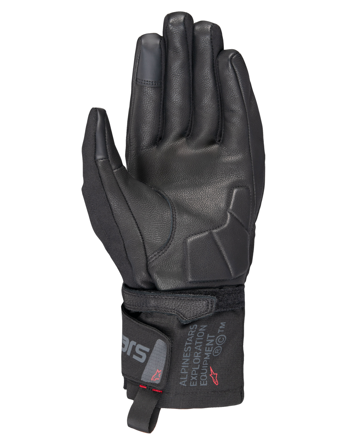 Luvas Alpinestars WT-3 Drystar® Térmicas, luvas de motociclismo pretas, vista da palma com reforços em pele e palma acolchoada, punho de comprimento médio com a marca Alpinestars Exploration Equipment, pontas dos dedos compatíveis com ecrãs táteis, proteção durável para touring em todas as condições meteorológicas.