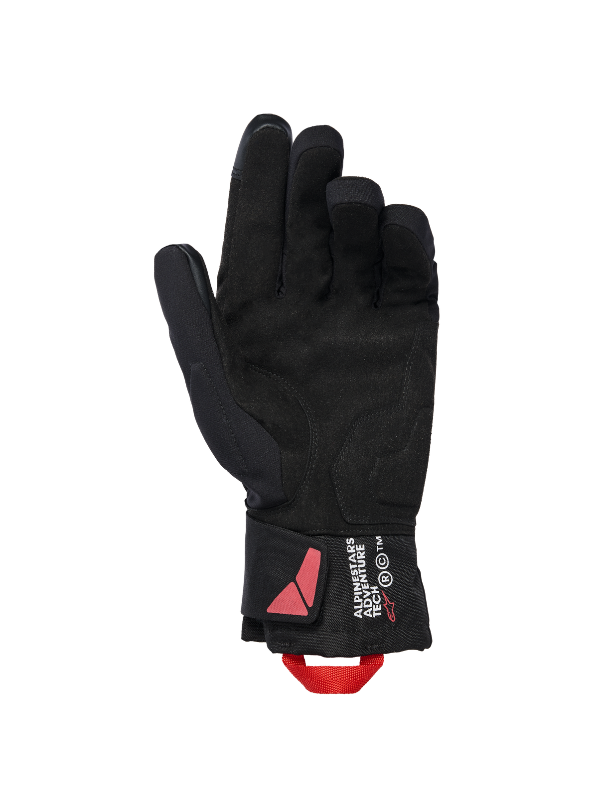 Luvas Alpinestars XT-3 Drystar® Insulated, luvas de motociclismo pretas, vista da palma com material de camurça e alça de puxar vermelha, logótipo Alpinestars Adventure Tech no punho, equipamento de condução de inverno impermeável