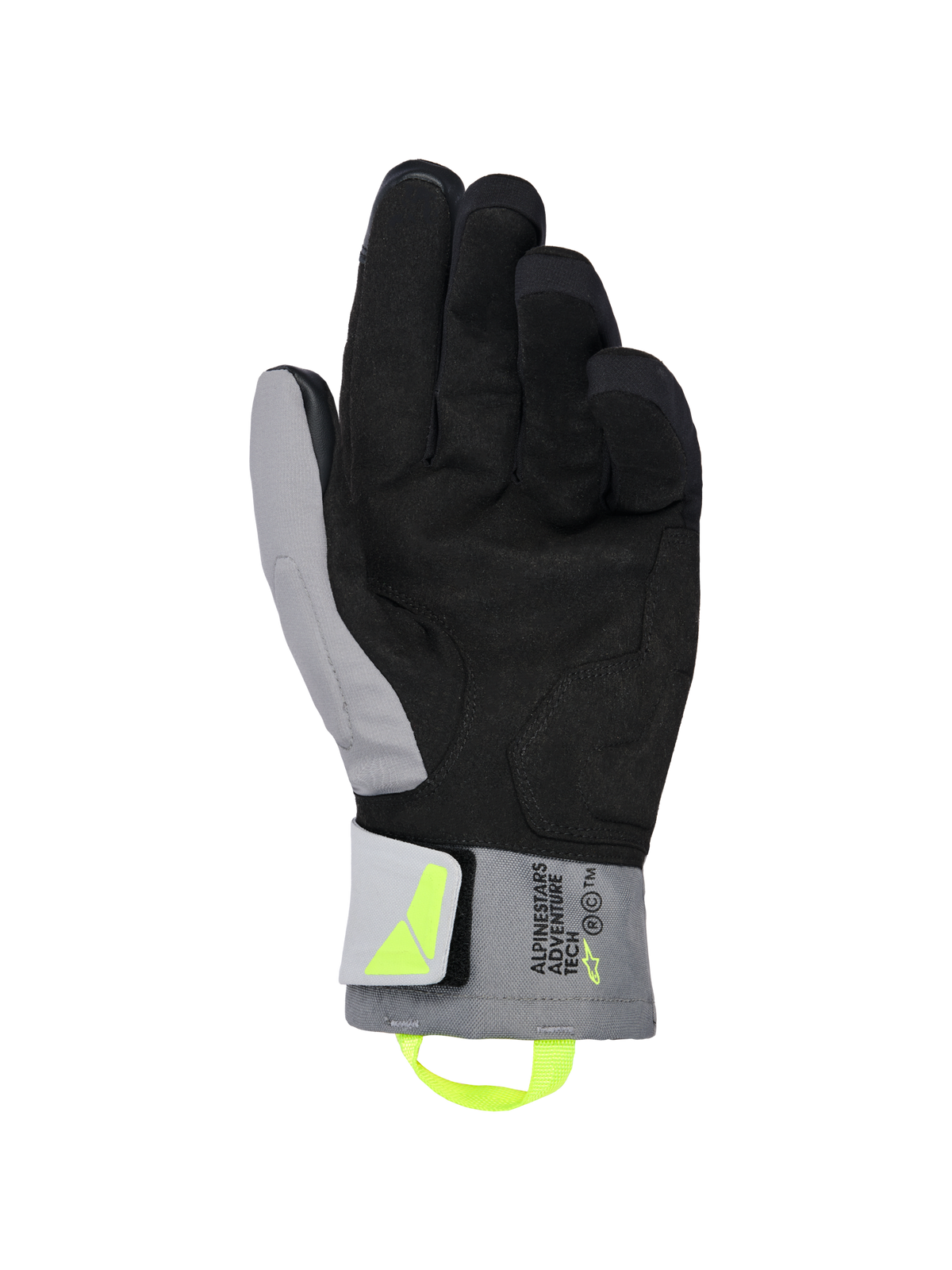 Luvas Alpinestars XT-3 Drystar® Insulated, luvas de motociclismo em preto e cinzento escuro, vista da palma mostrando camurça preta macia e tecido cinzento, puxador e logótipo em amarelo néon, marca 'ALPINESTARS ADVENTURE TECH' no punho, impermeáveis e isoladas para condução de aventura