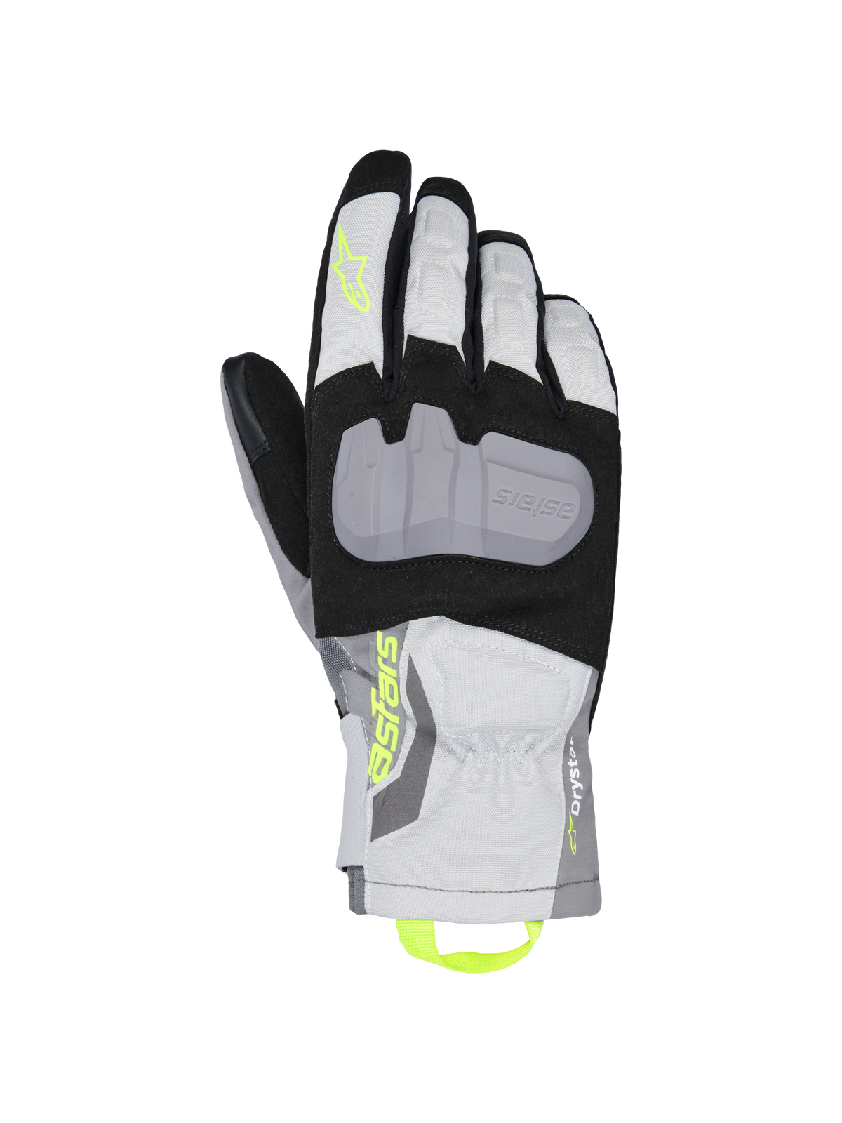 Alpinestars XT-3 Drystar Insulated Gloves, luvas de motociclismo touring, pretas, cinzentas e brancas, com uma grande placa de proteção cinzenta nos nós dos dedos, logótipo Astars e presilha em amarelo néon, construção têxtil impermeável com punho de comprimento médio.