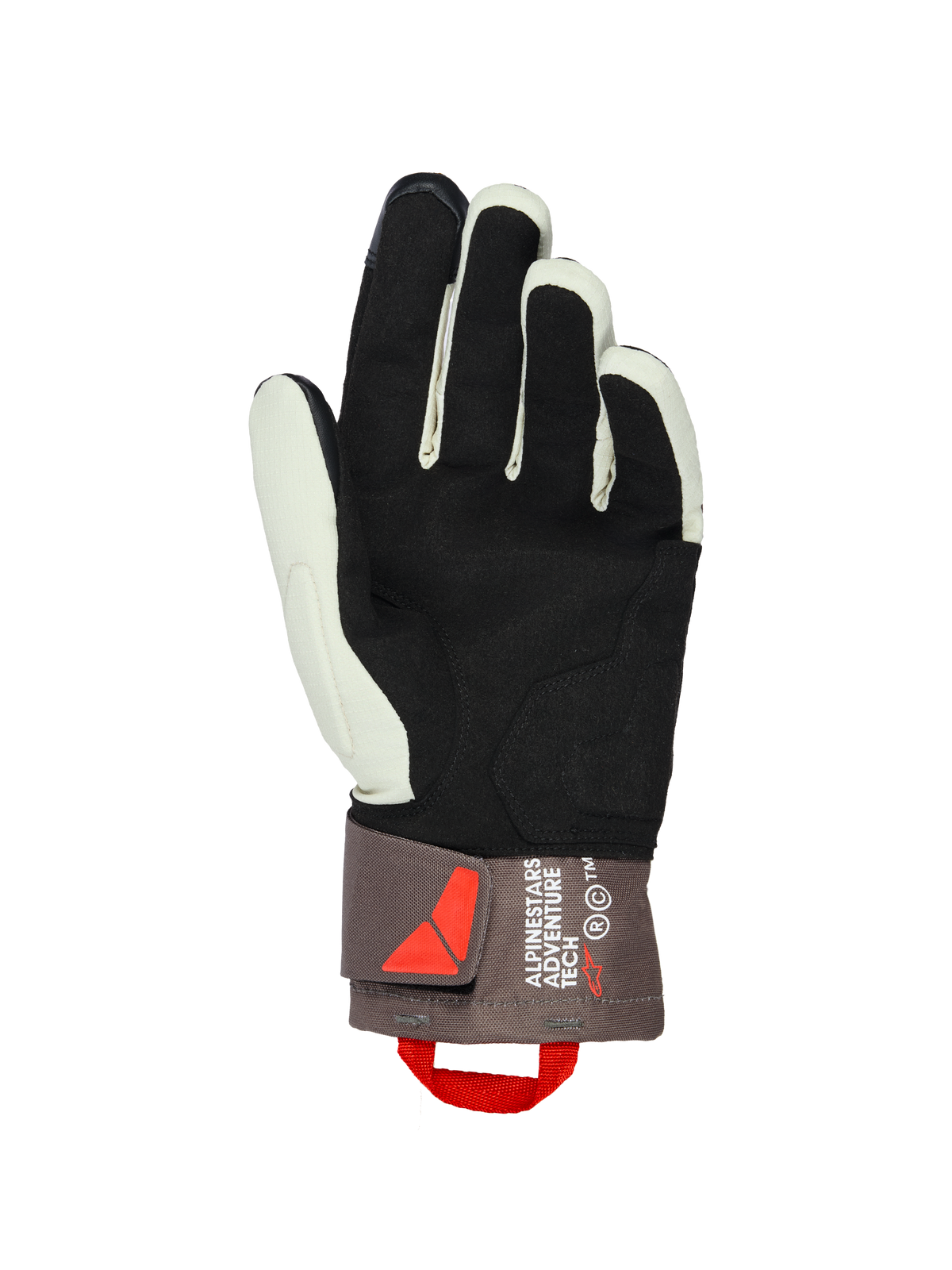 Luvas Alpinestars XT-3 Drystar® Insulated, vista da palma, Castanho Escuro Sand e Preto, com palma em camurça macia para aderência, punho médio com marca Alpinestars Adventure Tech, alça de puxar vermelha e fecho de velcro, equipamento de motociclismo de aventura