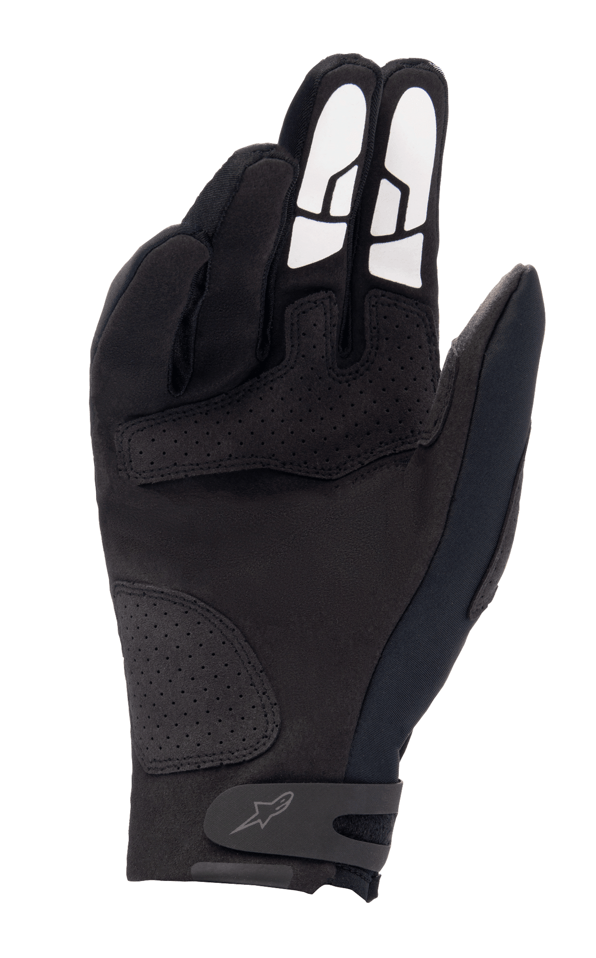 Luvas Alpinestars Thermo Shielder, luvas de motocross pretas, vista da palma com construção em camurça sintética, remendos de reforço perfurados, padrões de aderência em silicone branco nos dedos e tira de fecho no pulso com logótipo