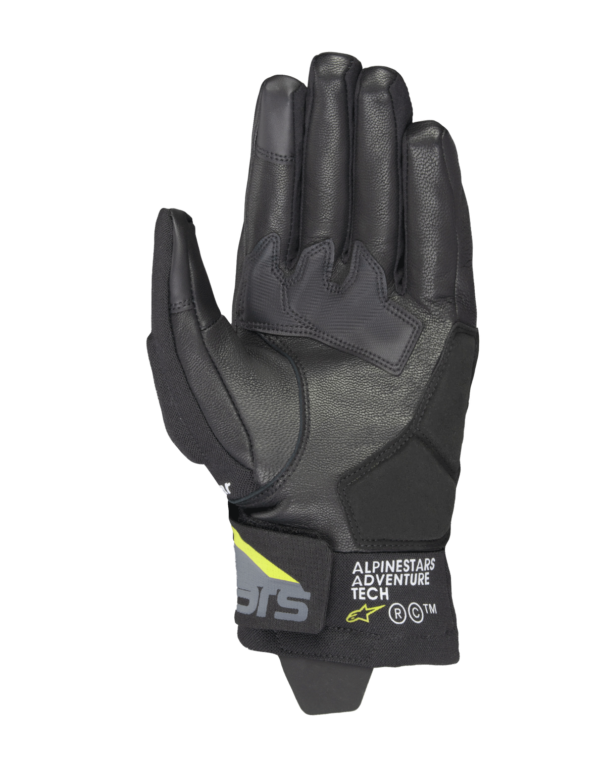 Luvas Alpinestars Corozal V3 Drystar®, preto, cinzento escuro e amarelo fluo, vista da palma apresentando construção em couro com reforços sintéticos, pontas dos dedos compatíveis com ecrãs táteis e marca Alpinestars Adventure Tech no punho curto.