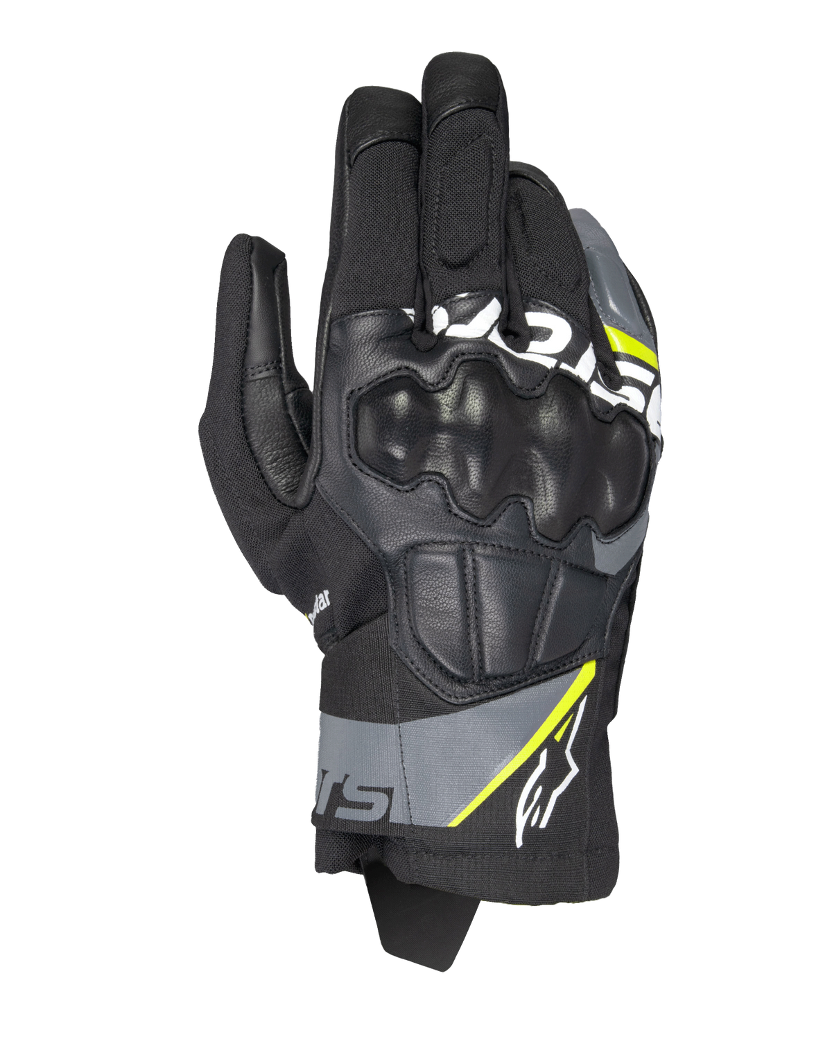 Luvas Alpinestars Corozal V3 Drystar®, luvas de motociclismo para aventura, pretas com detalhes em cinzento escuro e amarelo fluo, construção em couro e tecido com proteção moldada nas articulações, design de punho curto, impermeáveis e respiráveis para todas as condições meteorológicas