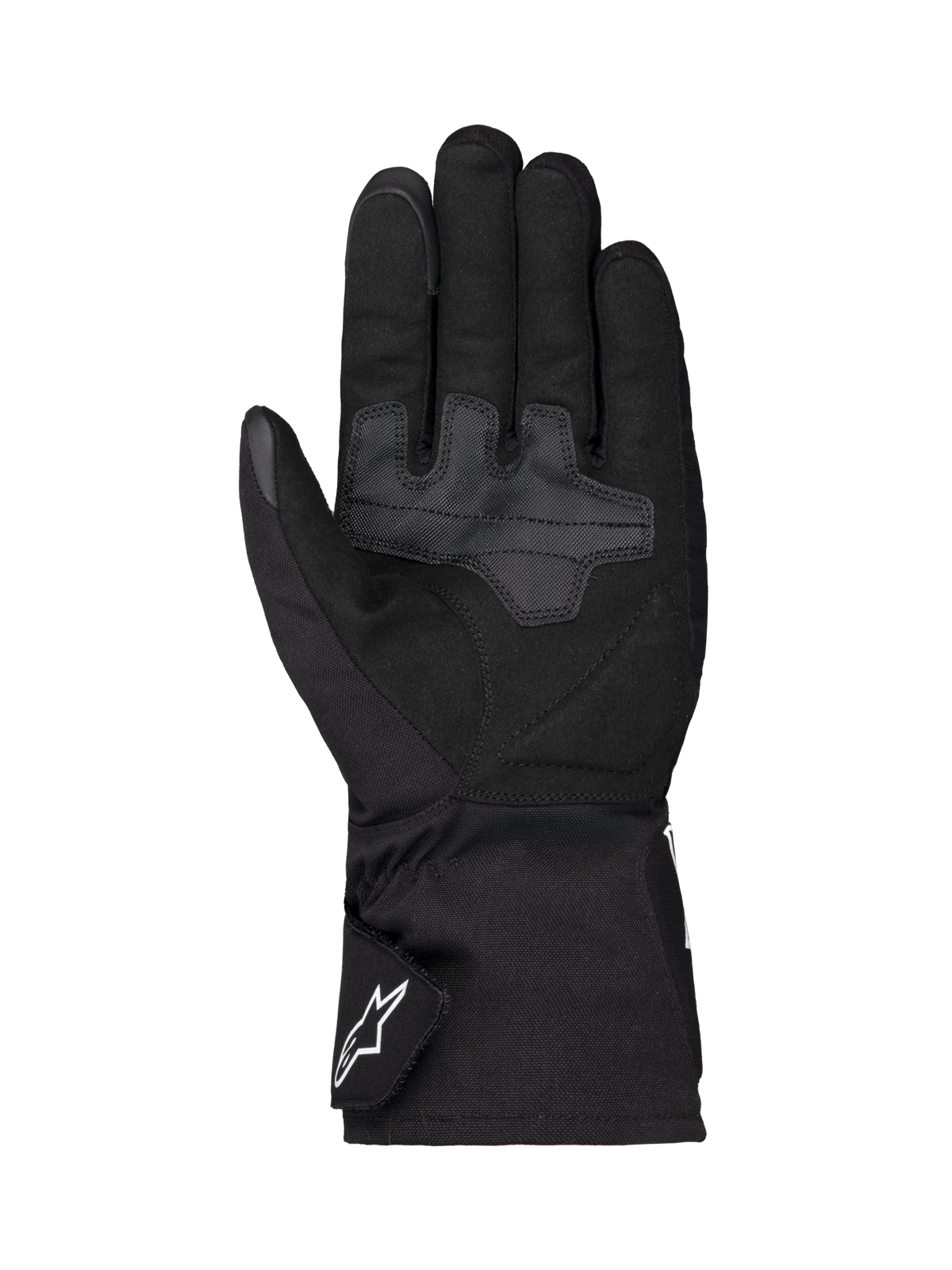 Luvas Alpinestars Wt-1 Drystar® Térmicas, luvas de motociclismo, pretas, vista da palma com áreas de aderência em têxtil reforçado, punho longo com logótipo Alpinestars branco na tira, construção resistente às intempéries para condução em estrada