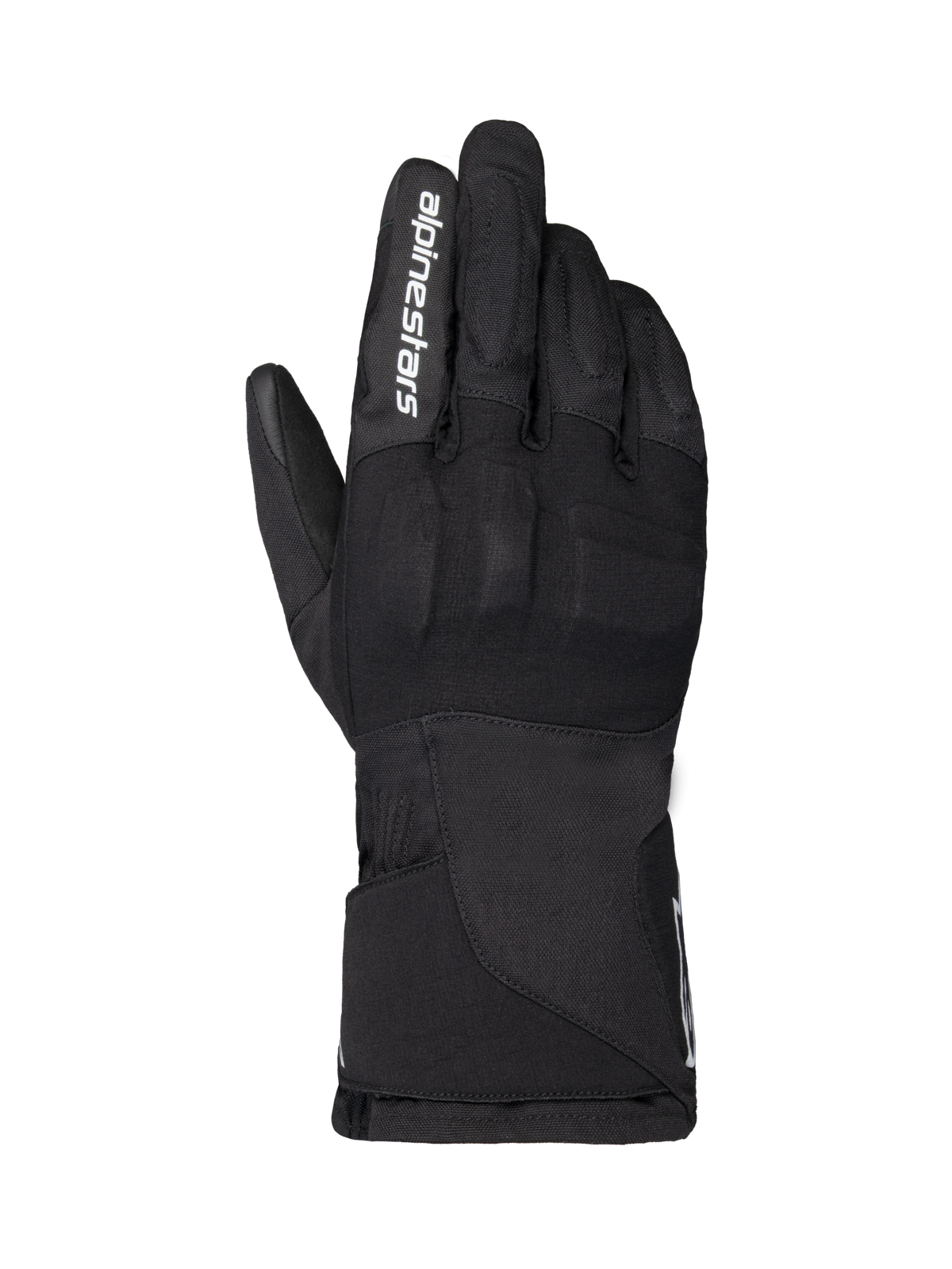 Luvas Alpinestars WT-1 Drystar Insulated, luvas de motociclismo, pretas, construção têxtil com proteção integrada nos nós dos dedos, logótipo Alpinestars branco no dedo indicador, punho de cano longo, equipamento de condução impermeável e térmico para uso em estrada e aventura