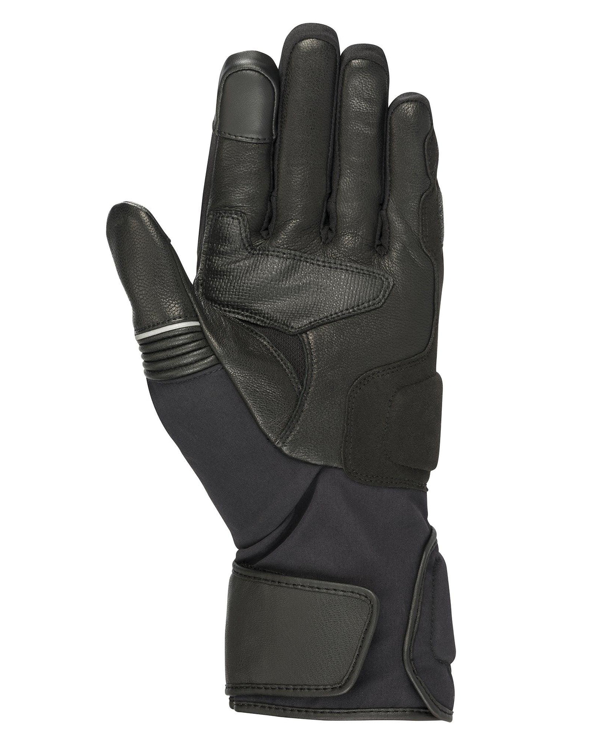 Luvas Alpinestars Jet Road V2 GORE-TEX, Pretas, vista da palma mostrando construção em couro com acolchoamento reforçado, punho longo e pontas dos dedos compatíveis com ecrãs táteis para turismo de aventura.