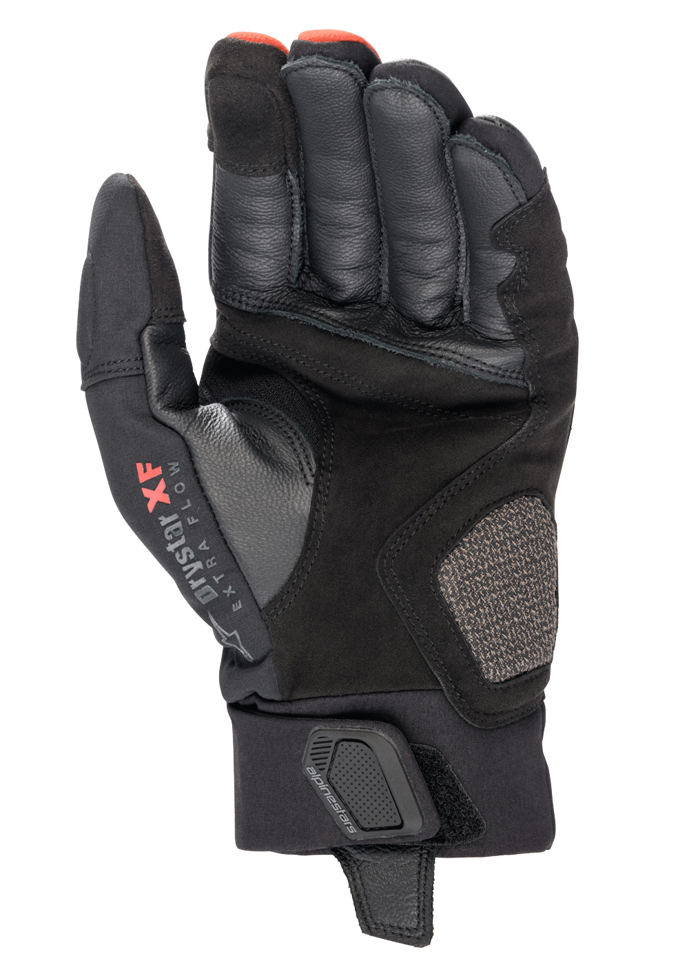Luvas Alpinestars Hyde XT Drystar® XF, luvas de motociclismo, pretas e vermelho fogo, vista da palma mostrando a construção em camurça sintética reforçada, marca Drystar XF na zona do polegar e correia de ajuste no pulso