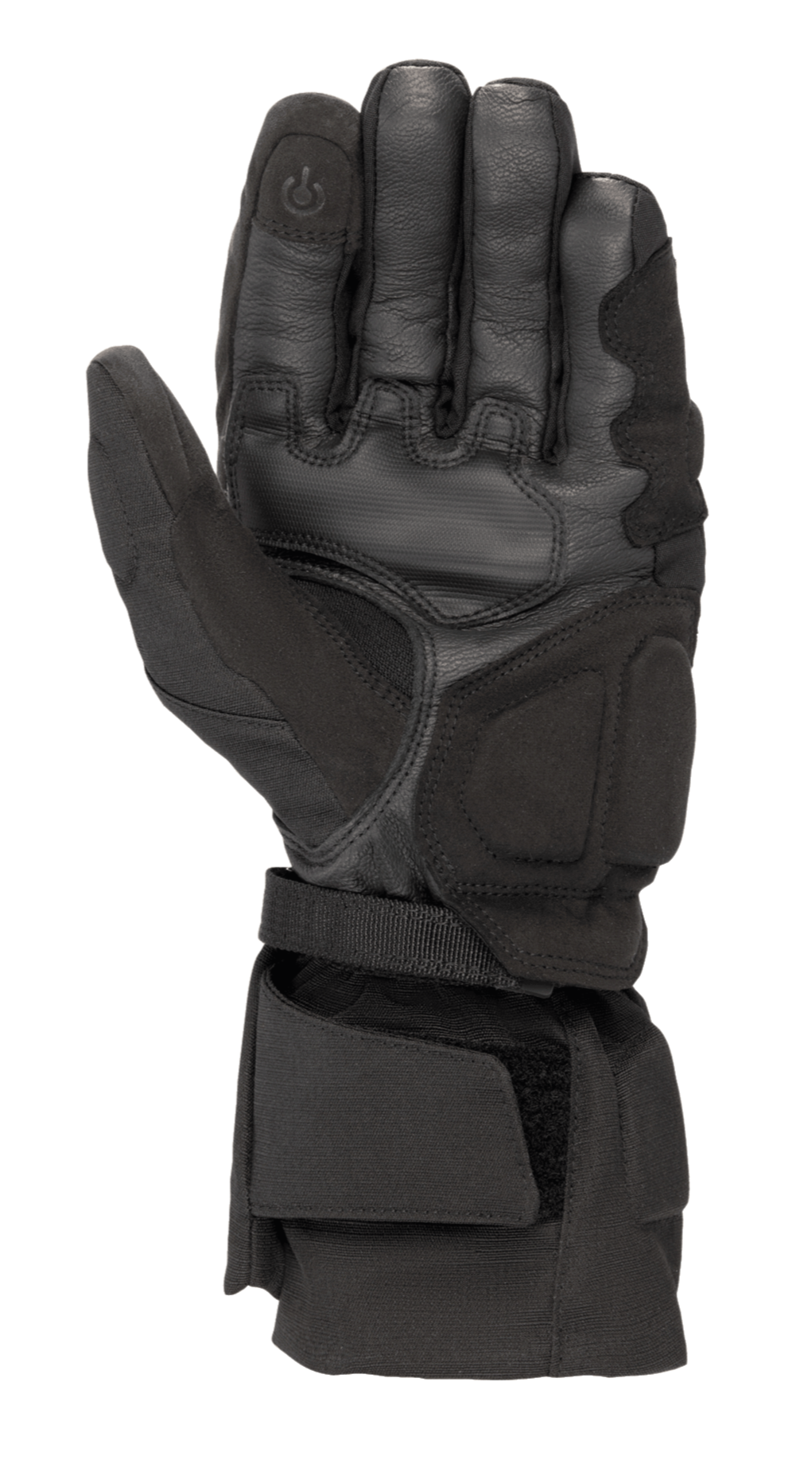 Alpinestars WR-X GORE-TEX Gloves, Black motorcycle winter gloves, palm side view showing leather and synthetic suede construction, long cuff with adjustable strap, and conductive touchscreen-compatible fingertip.