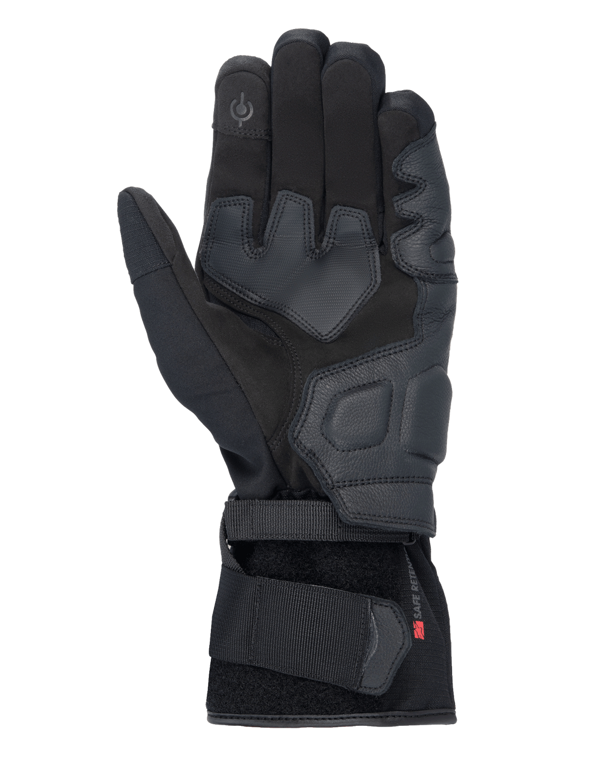 Luvas Alpinestars Tourer W-7 V2 Drystar®, luvas de motociclismo pretas, vista da palma com reforços em pele, áreas de aderência acolchoadas, ponta do dedo compatível com ecrã tátil e fecho de fita seguro no pulso.