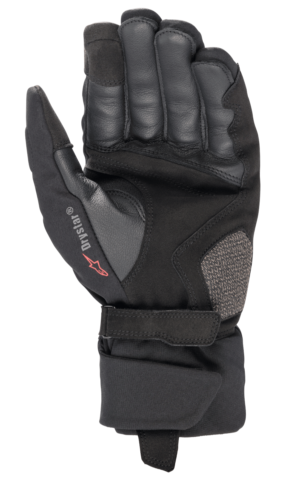 Luvas Alpinestars Bogota' Drystar® XF, luvas de motociclismo, pretas, vista da palma com construção em pele reforçada, correia de pulso ajustável e logótipo Drystar, equipamento durável para adventure touring