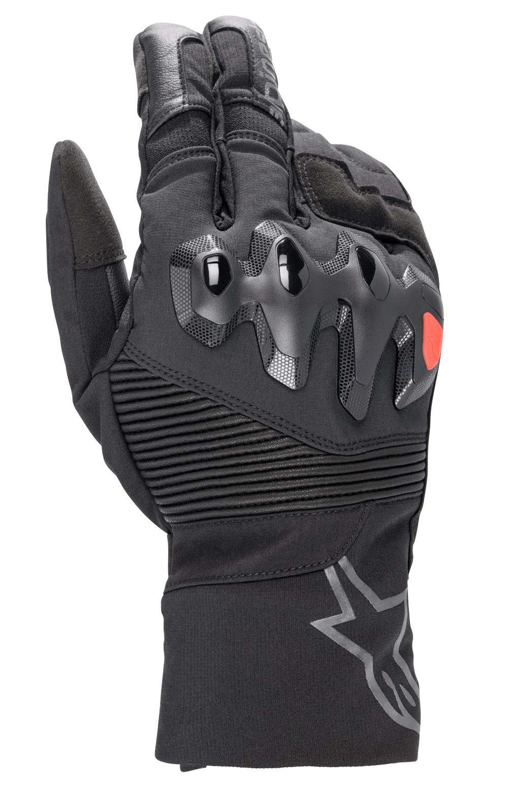 Luvas Alpinestars Bogota Drystar XF, luvas de motociclismo de cano longo para touring, pretas com detalhe de logótipo vermelho, proteção de nós dos dedos sobreinjetada, painéis elásticos canelados no pulso e punho longo com logótipo de estrela cinzento