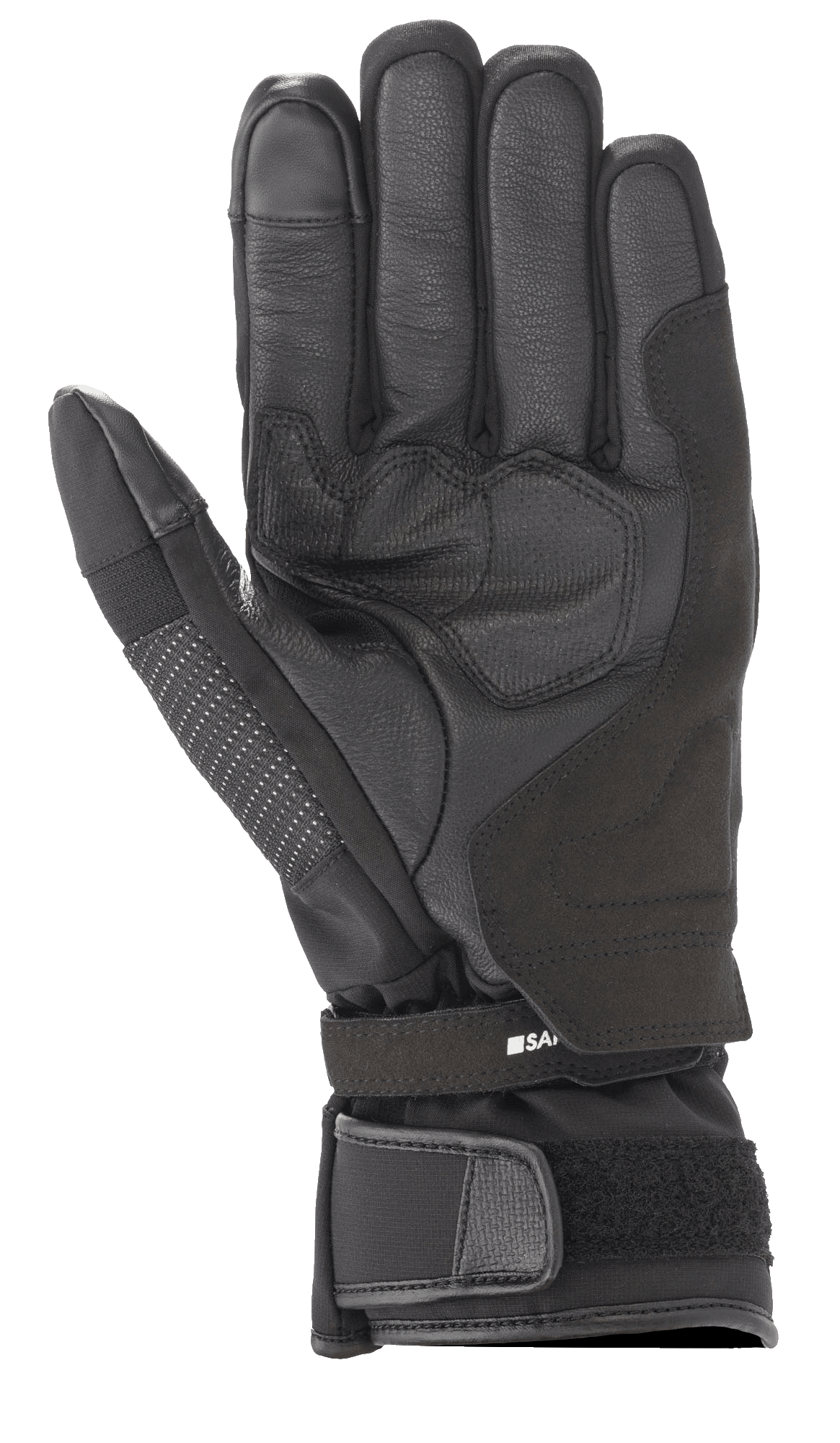 Luva Alpinestars Andes V3 Drystar®, luva de motociclismo preta, vista da palma com construção em couro de cabra e tecido, área da palma reforçada, tira de ajuste no pulso com punho de velcro, design técnico de touring para todas as condições climáticas
