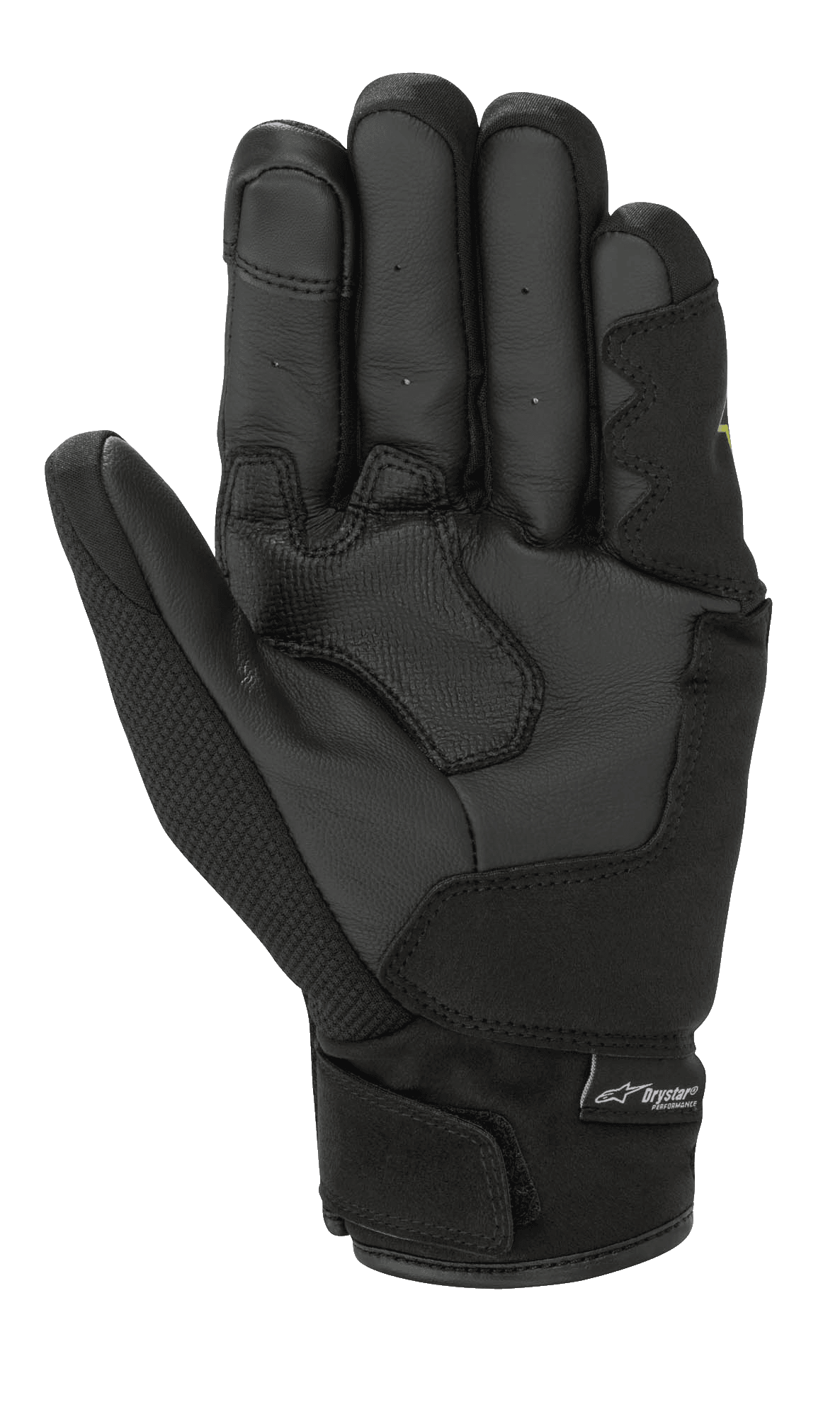 Luvas Alpinestars S-Max Drystar®, pretas, vista da palma com painéis de couro reforçados, polegar em tecido e fecho de velcro no pulso com etiqueta do logótipo Drystar® Performance