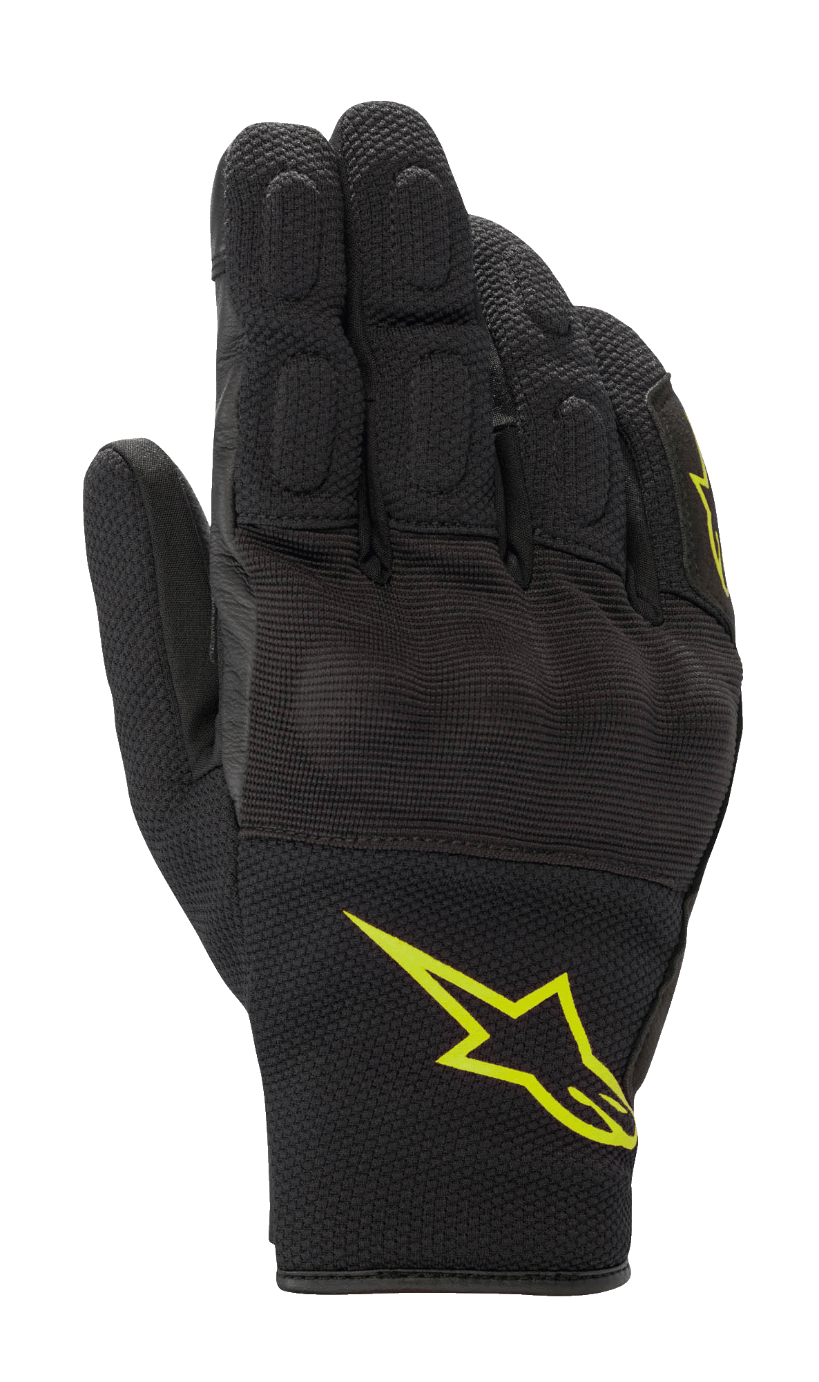 Luvas Alpinestars S-Max Drystar, luvas desportivas de motociclismo, pretas com logótipo amarelo fluorescente, design de punho curto com proteção rígida coberta nos nós dos dedos e painéis em malha elástica, construção impermeável e respirável para condução em estrada