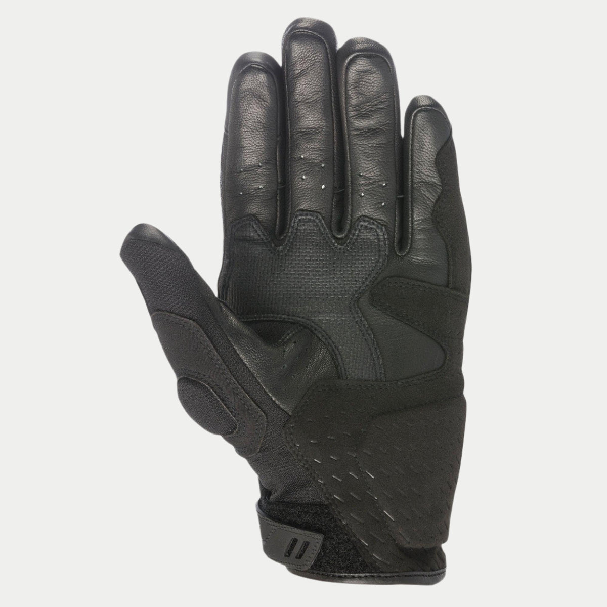 Luvas Alpinestars C-30 Drystar®, pretas, vista da palma com reforços em camurça sintética e acolchoamento de espuma, áreas de aderência revestidas a PU no polegar e palma, e tira de ajuste de velcro no pulso, luvas de motociclismo impermeáveis