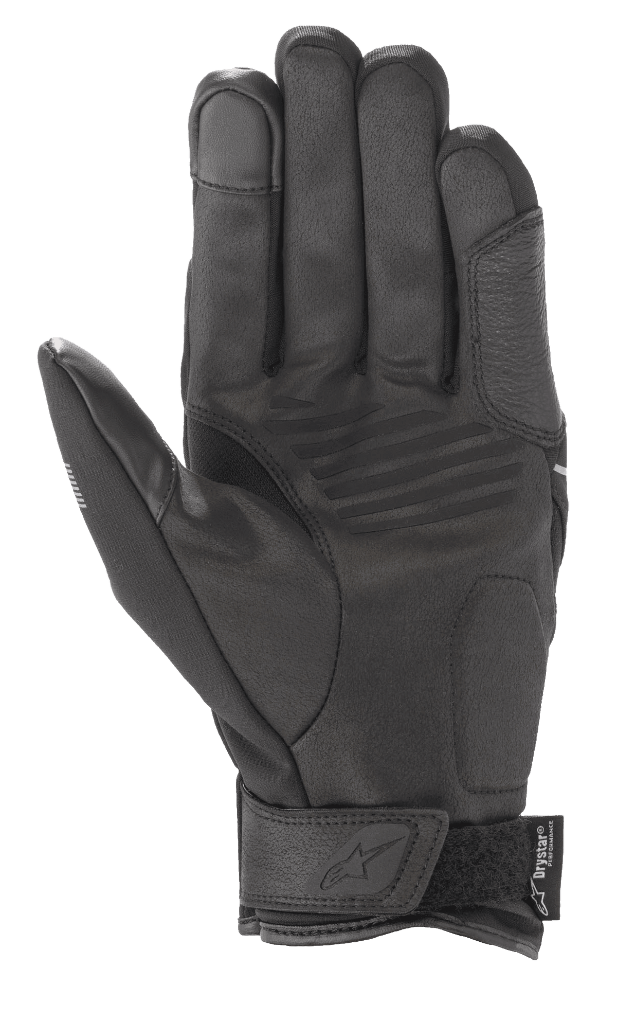 Luvas Alpinestars Syncro V2 Drystar®, luvas de motociclismo urbanas, preto e cinzento escuro, vista da palma com construção em camurça sintética, reforços acolchoados, ponta do dedo compatível com ecrãs táteis e tira de velcro no pulso com a marca Alpinestars.
