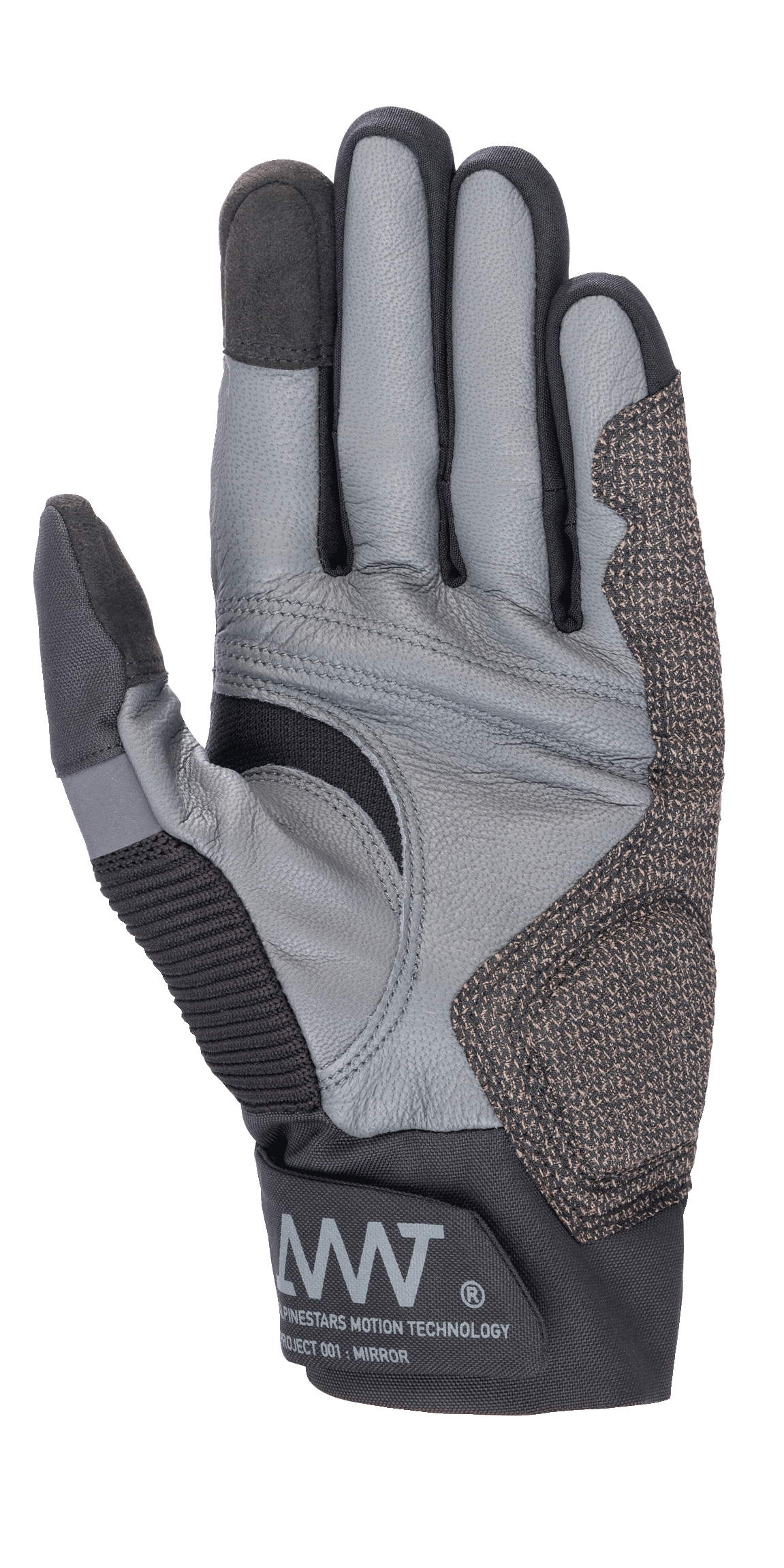 Luvas Alpinestars AMT-10 Air HDry®, pretas e cinzentas, vista da palma destacando a construção em pele de cabra, padrão de aderência ergonómico e inserções elásticas técnicas, com a marca AMT no punho