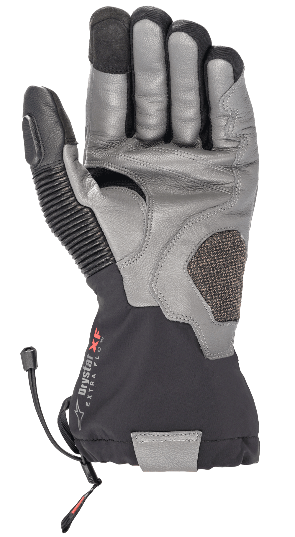 Luvas Alpinestars Amt-10 Drystar® XF Winter, luvas de motociclismo para touring, pretas e cinzento-escuro, vista da palma em couro de cabra texturizado, punho longo impermeável com logótipo Drystar XF, painel do polegar em couro tipo acordeão e palma reforçada para condução de aventura e estrada.