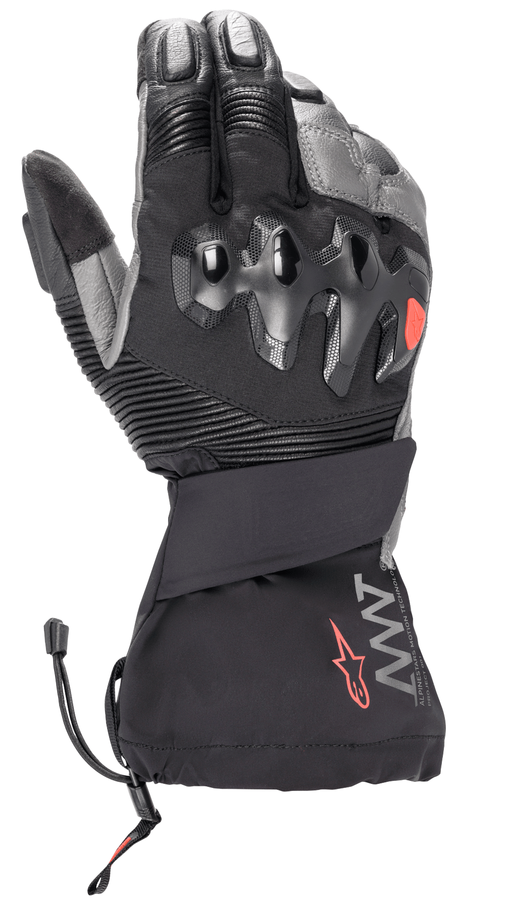 Alpinestars Amt-10 Drystar® XF Winter Gloves, Black and Dark Gray, Long Cuff Motorcycle Winter Gloves, featuring over-injected hard knuckle protection, accordion stretch panels on fingers, AMT branding with a red star logo, and a drawstring cuff closure