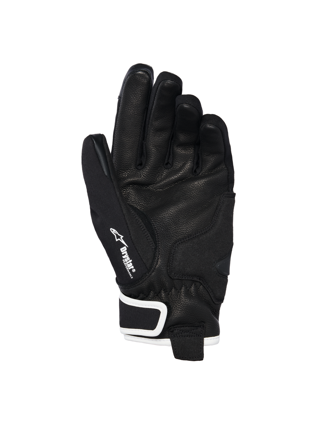 Luvas Alpinestars Stella Moblast Waterproof, vista da palma, pele de cabra preta com aderência texturizada, detalhes em branco e marca Drystar, design de punho curto para condução urbana de motociclos