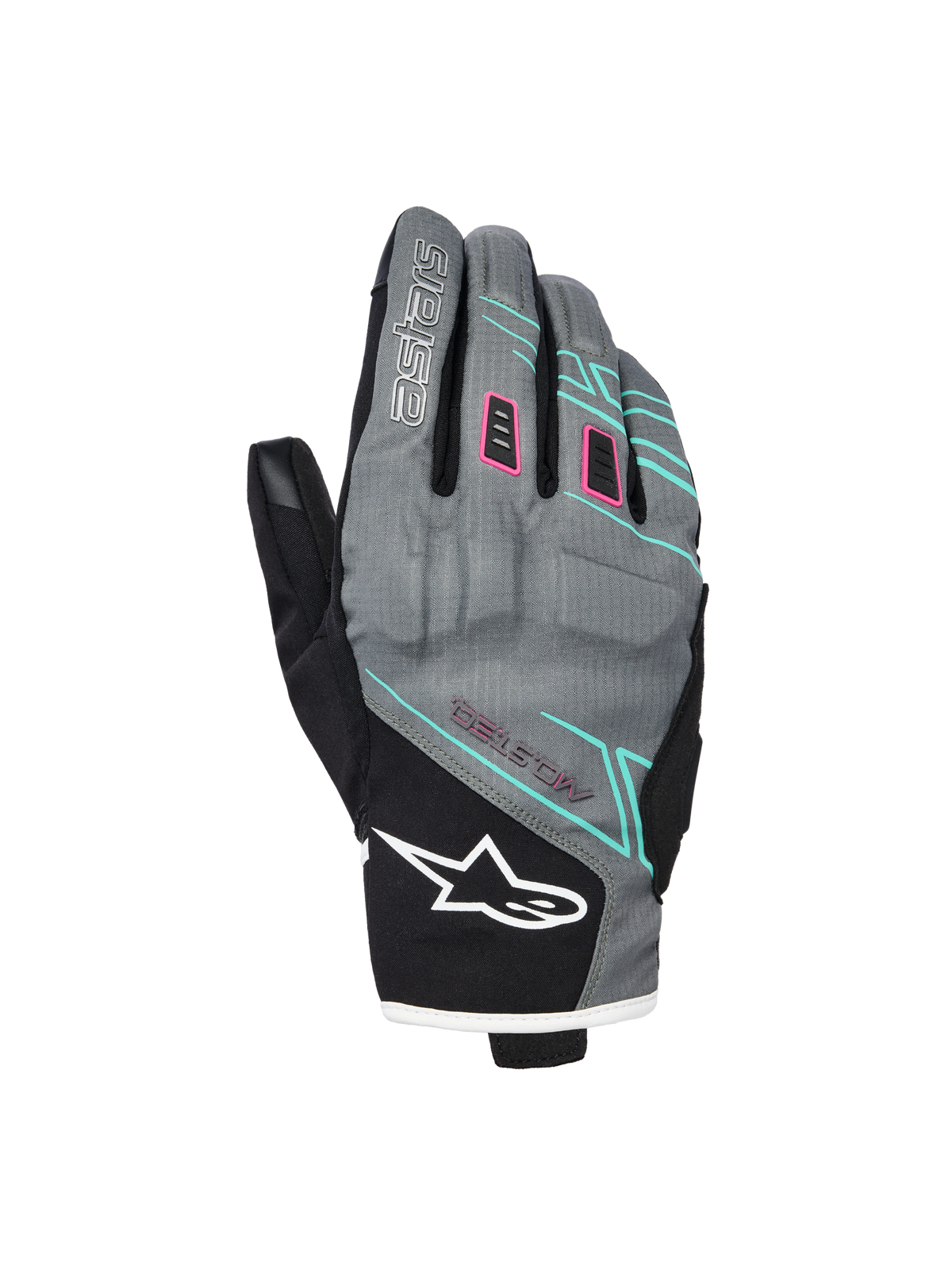 Alpinestars Stella Moblast Waterproof Gloves, luvas de motociclismo para mulher, cinzentas e pretas com detalhes rosa e turquesa, design de punho curto com marca MO.ST.EQ., construção têxtil com proteção acolchoada nos nós dos dedos e logótipo Alpinestars branco