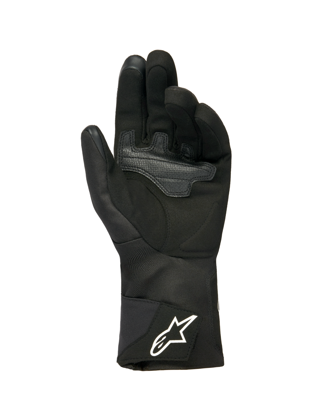 Alpinestars Woman Stella WT-1 Drystar® Insulated Gloves, Black, palm view featuring soft suede with overlay reinforcement for grip, long textile cuff with white Alpinestars logo on the strap, touchscreen compatible fingertips, technical winter motorcycle gear