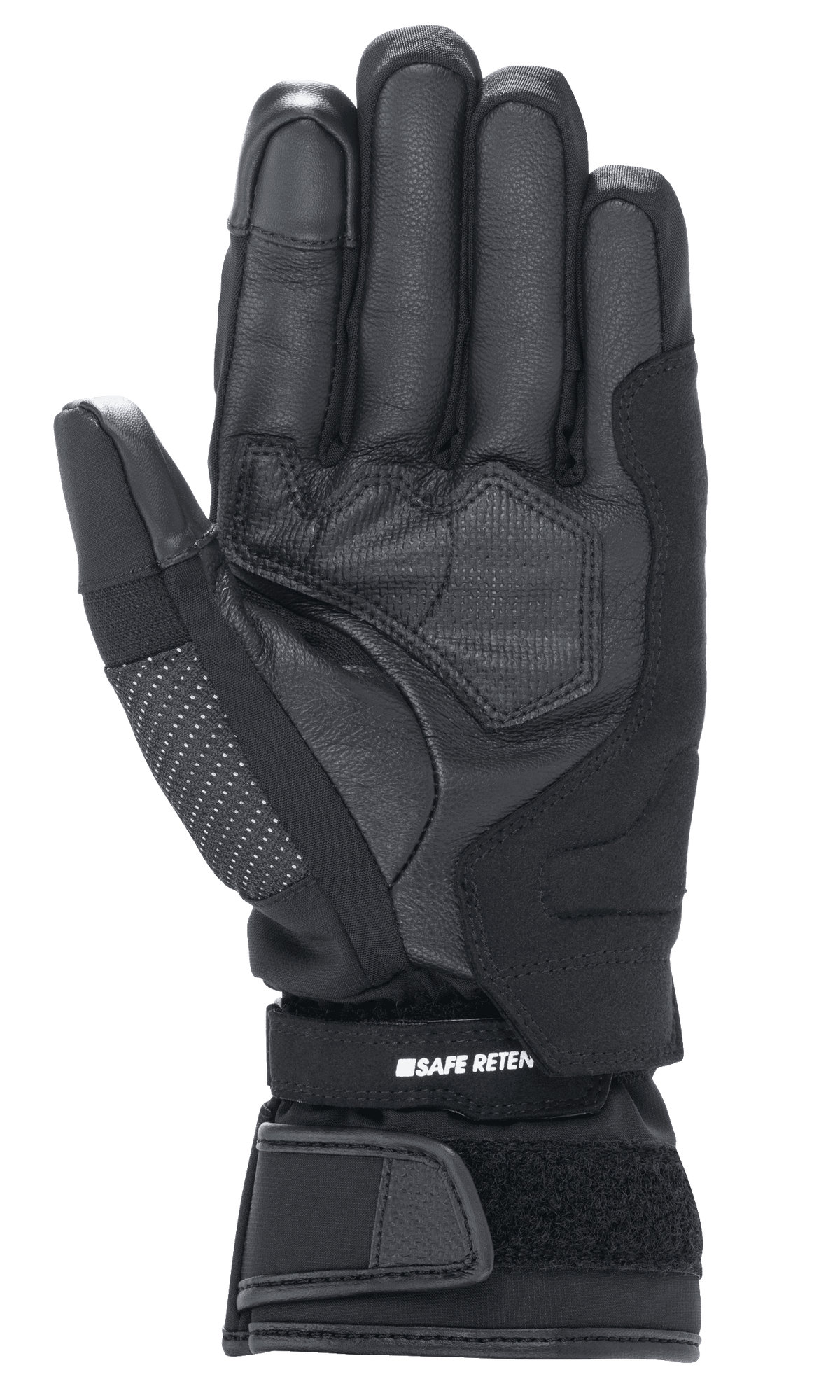 Luvas Alpinestars Stella Andes V3 Drystar® Femininas, luva de motociclismo em preto antracite, vista da palma que mostra a construção em pele de cabra, acolchoamento reforçado e tira de ajuste no pulso em velcro com a marca Safe Retention.