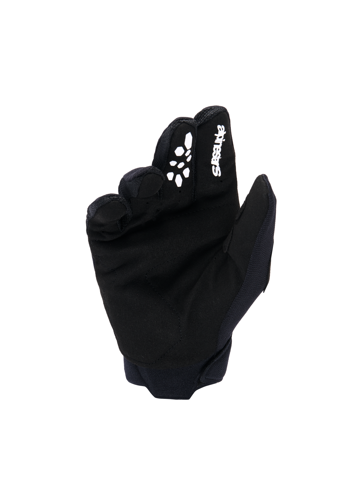 Luvas Alpinestars Youth & Kids Full Bore V2, luvas de motocross, pretas e brancas, vista da palma em camurça sintética, logótipo Alpinestars branco e aderência de silicone no dedo indicador, equipamento durável para todo-o-terreno