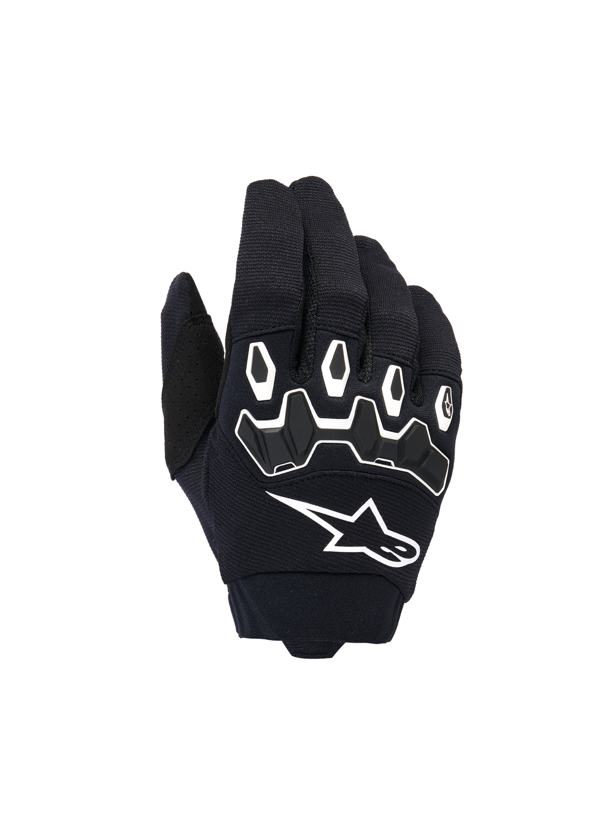 Luvas Alpinestars Youth & Kids Full Bore V2, luvas de motocross, pretas e brancas, com proteção ergonómica TPR nos nós dos dedos com contornos brancos, grande logótipo Alpinestars branco, construção em tecido respirável para corridas off-road
