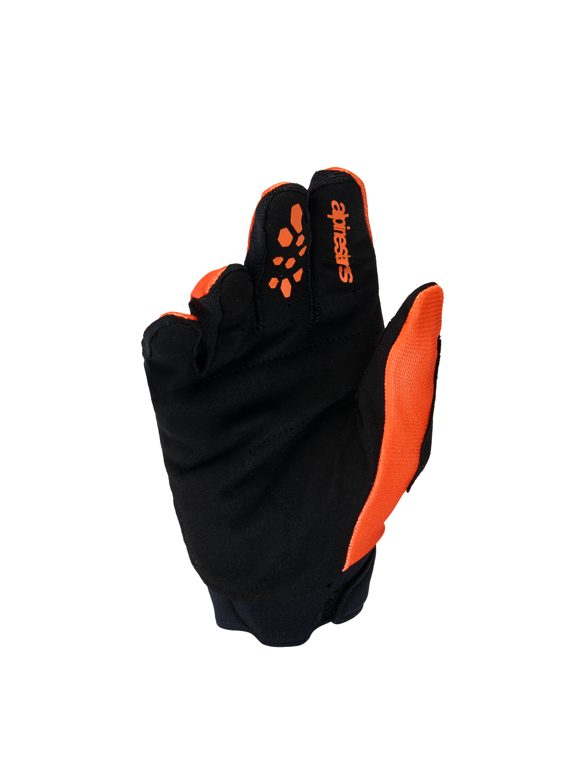 Luvas Alpinestars Youth & Kids Full Bore V2, luvas de motocross, laranja e preto, vista da palma com camurça sintética reforçada, impressões de silicone nos dedos para controlo de manetes e logótipo Alpinestars no dedo indicador