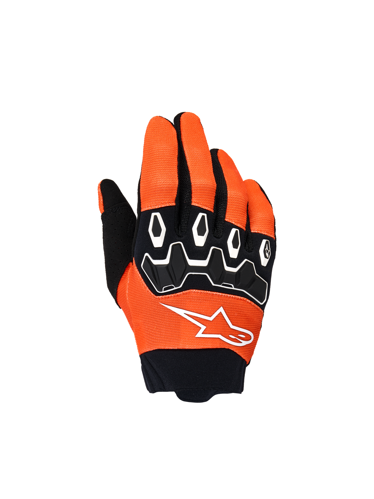 Luvas Alpinestars Youth & Kids Full Bore V2, luvas de motocross, laranja, brancas e pretas, com proteção nos nós dos dedos em TPR preto com padrões geométricos brancos, logótipo de estrela branco e punho em neoprene preto, equipamento de condução off-road para jovens
