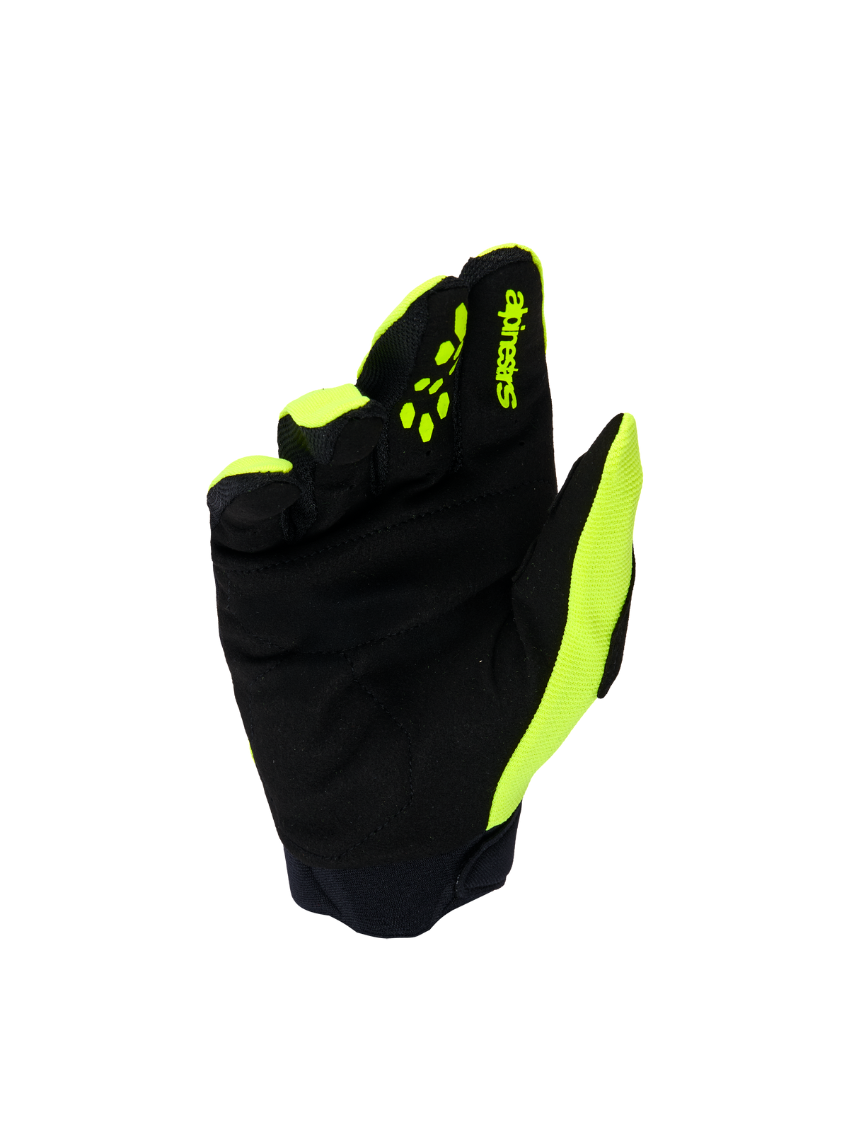 Alpinestars Youth & Kids Full Bore V2 Gloves, Motocross Gloves, Yellow Fluo and Black, palm view showing reinforced synthetic suede, yellow silicone finger grips for lever control, Alpinestars branding, durable off-road protection